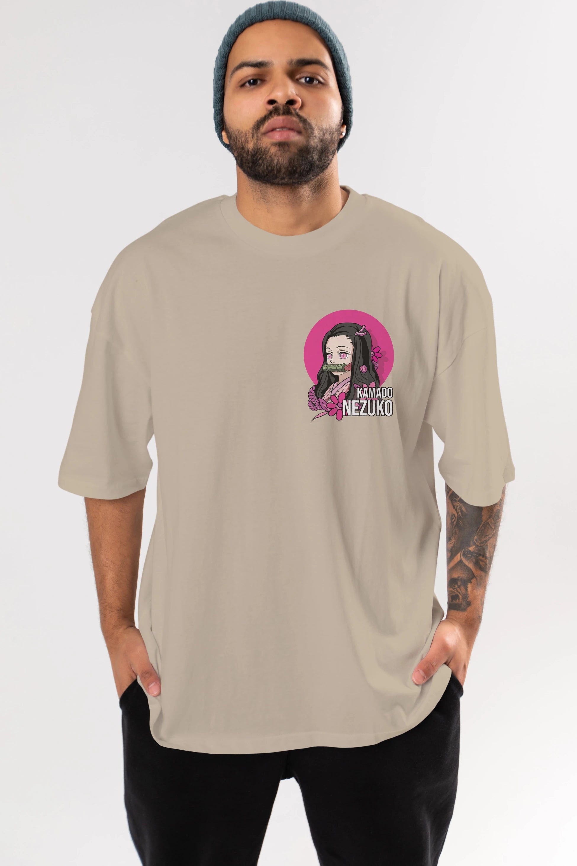 Nezuko Kamado 2 Ön Sol Baskılı Oversize t-shirt Erkek Kadın Unisex %100 Pamuk Bisiklet Yaka tişort