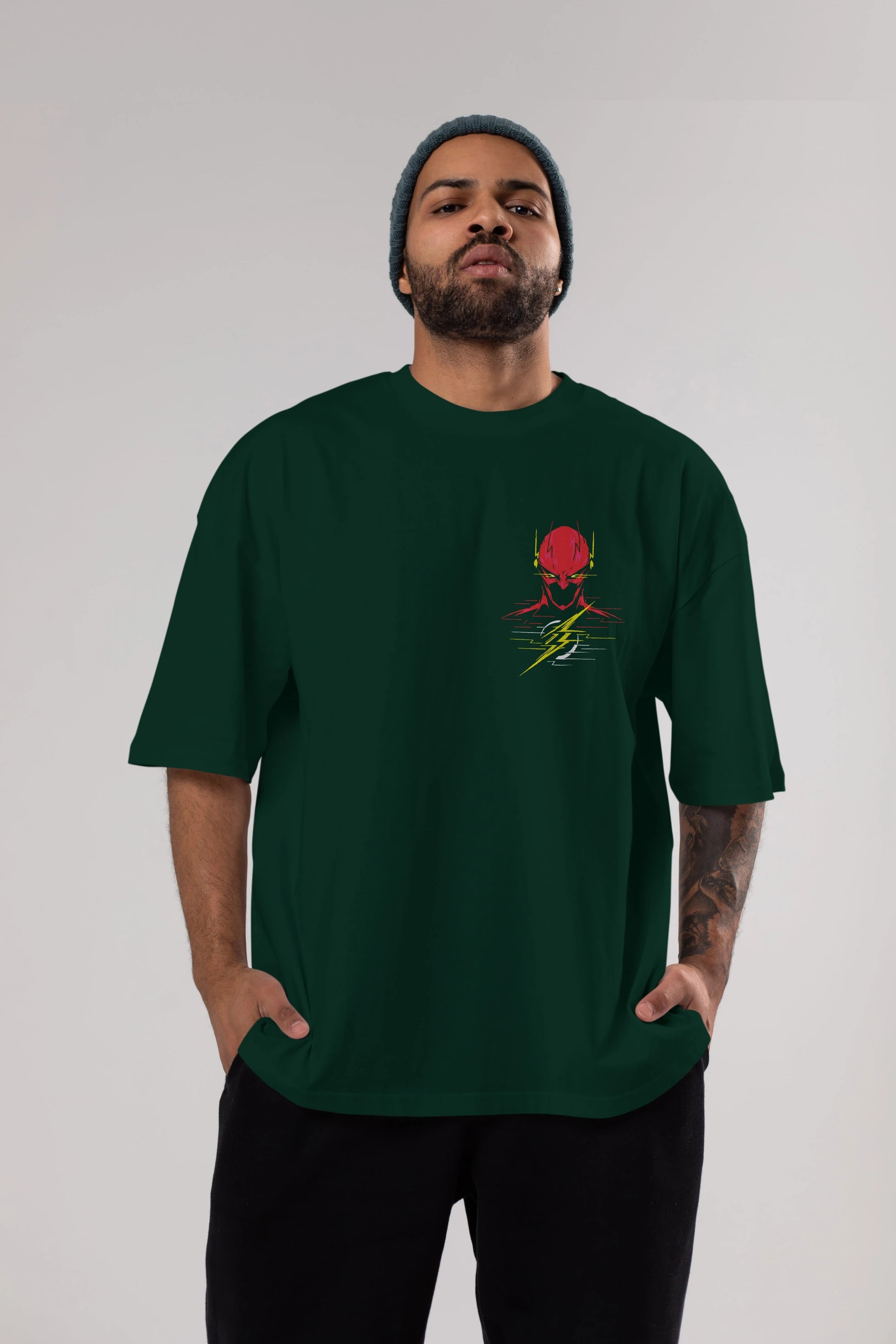 Flash Avengers (2) Ön Sol Baskılı Oversize t-shirt Erkek Kadın Unisex %100 Pamuk Bisiklet Yaka tişort