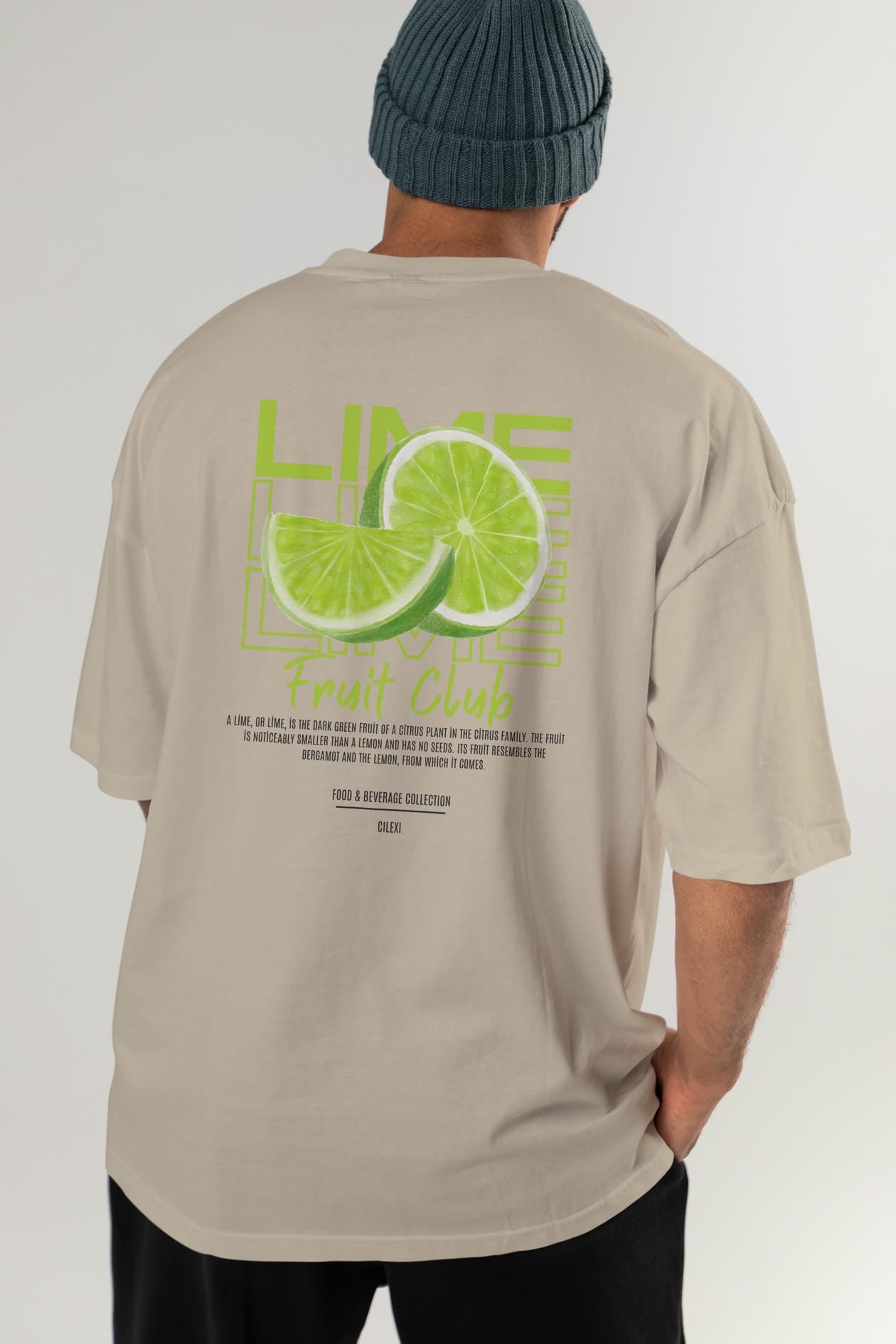 Lime Arka Baskılı Oversize t-shirt Erkek Kadın Pamuk Bisiklet Yaka tişort