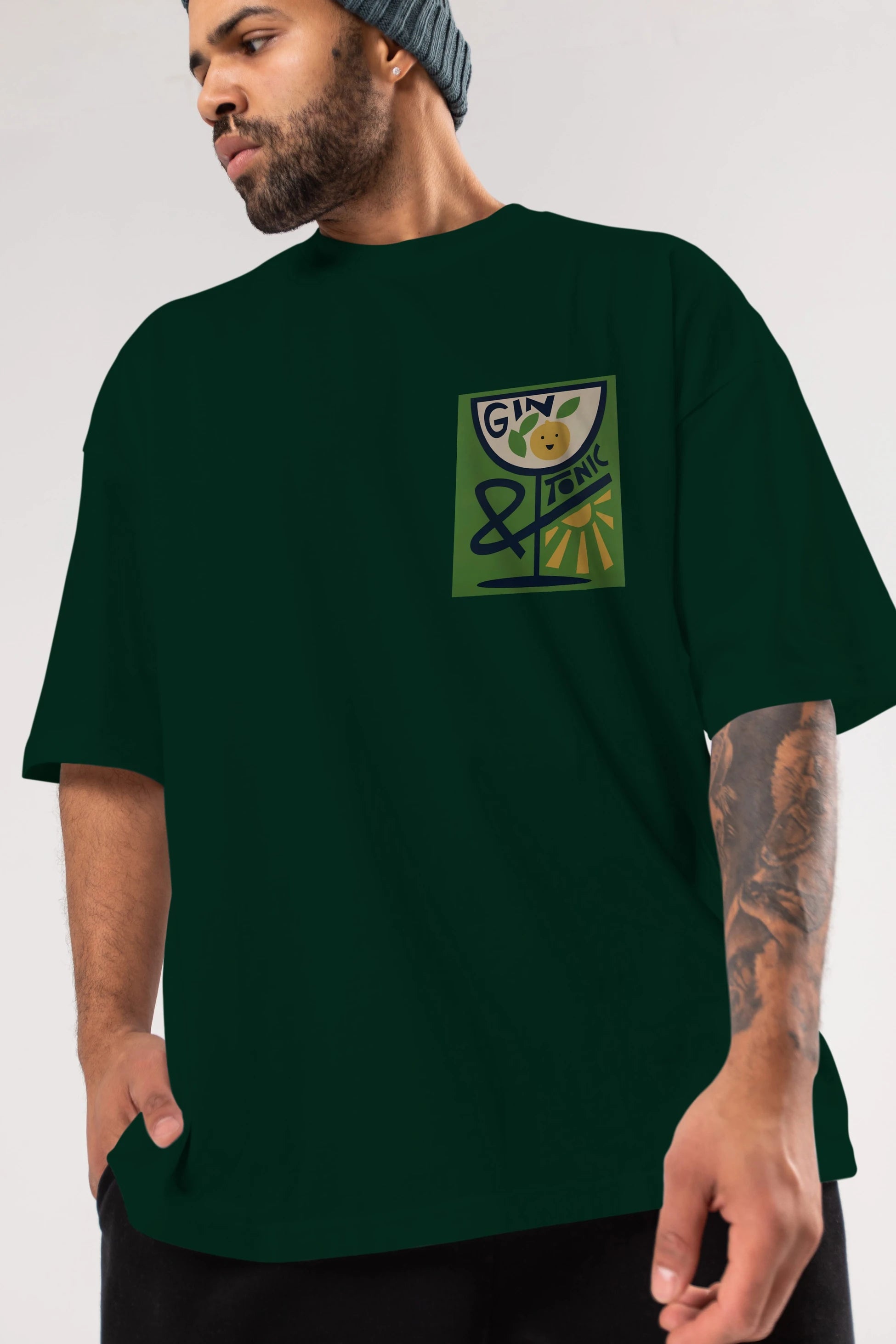 Gin Tonic 3 Ön Sol Baskılı Oversize t-shirt Erkek Kadın Unisex %100 Pamuk Bisiklet Yaka tişort