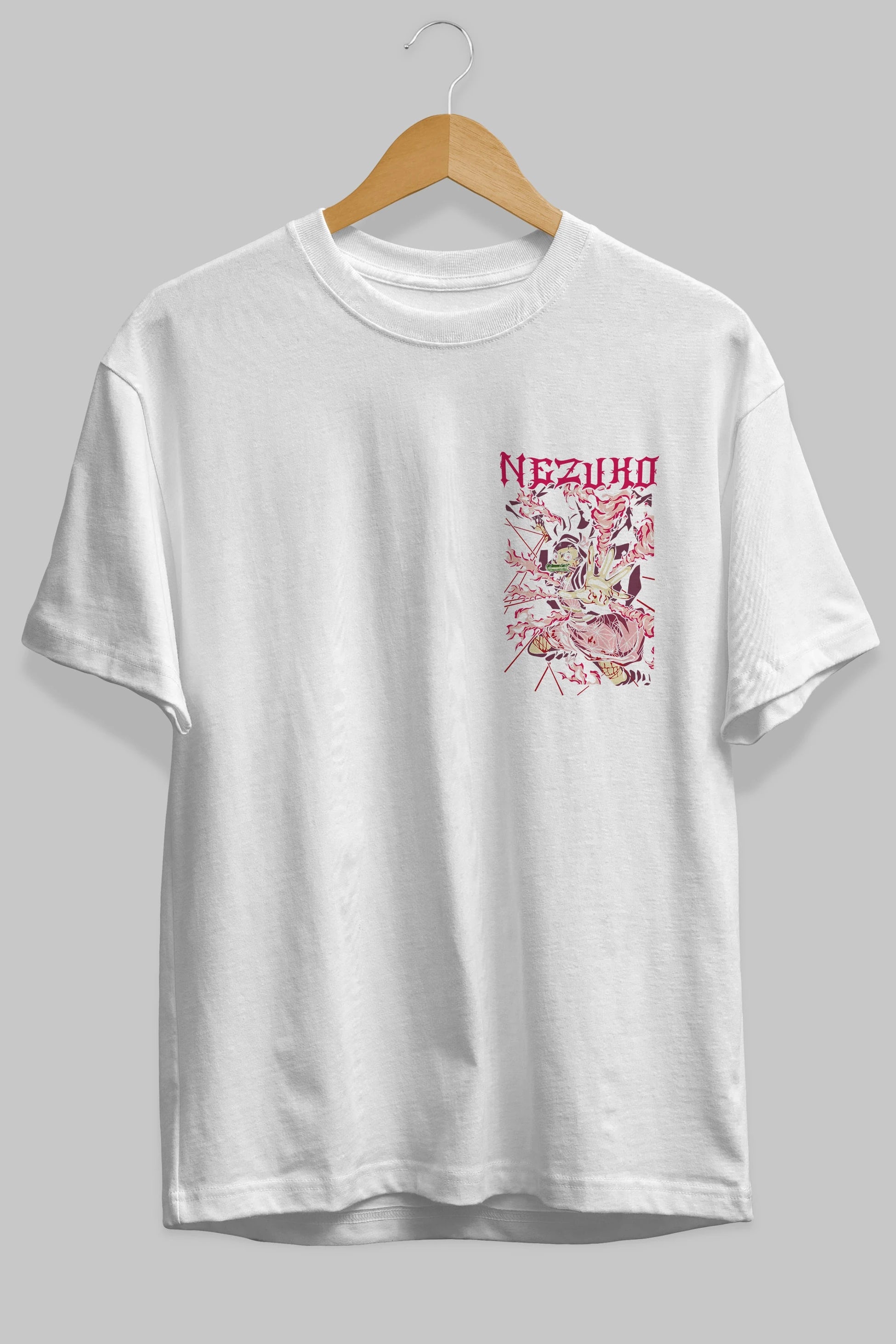 NEZUKO KAMADO Ön Sol Baskılı Oversize t-shirt Erkek Kadın Unisex %100 Pamuk Bisiklet Yaka tişort