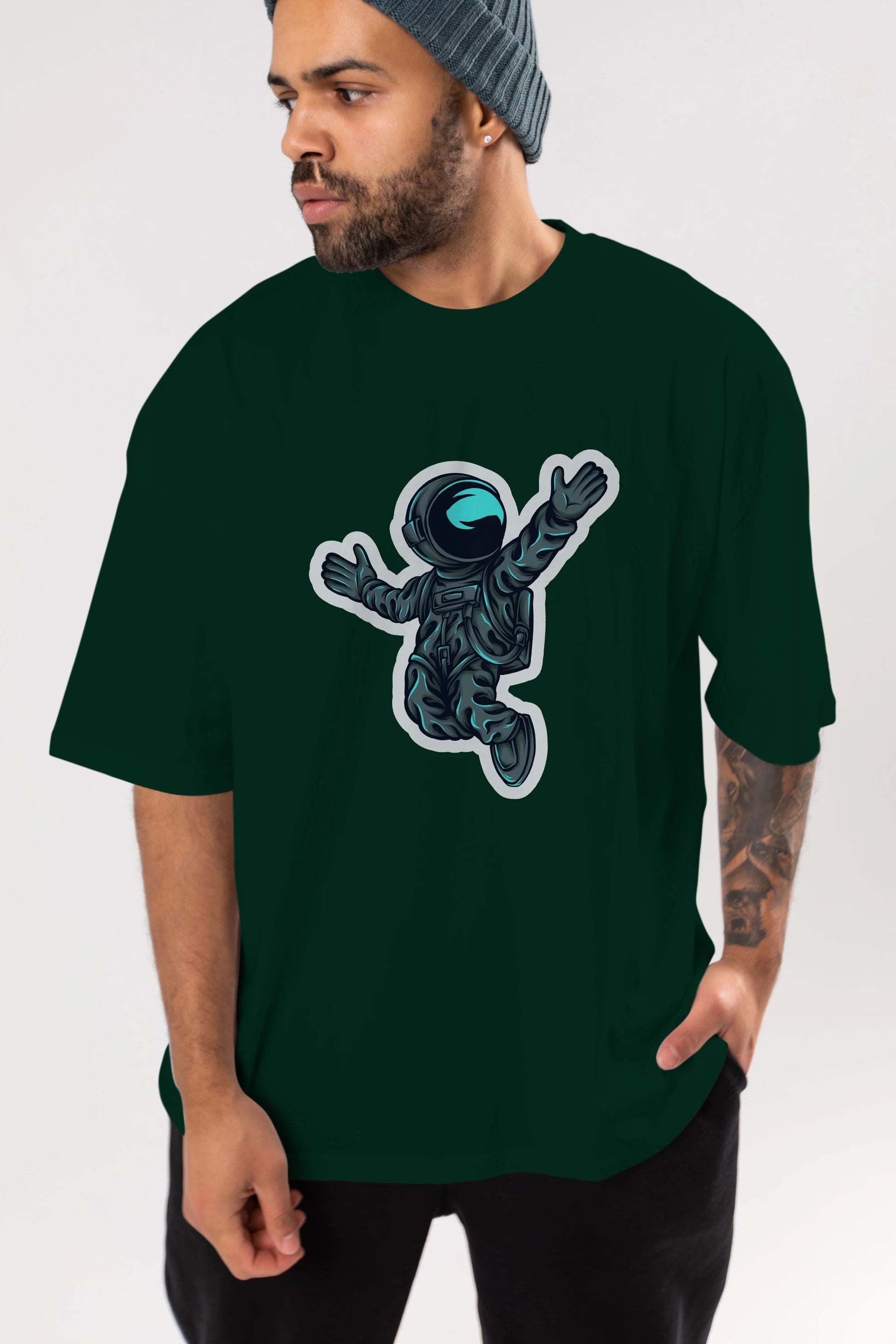 Happy Astronaut Sticker Ön Baskılı Oversize t-shirt Erkek Kadın Unisex