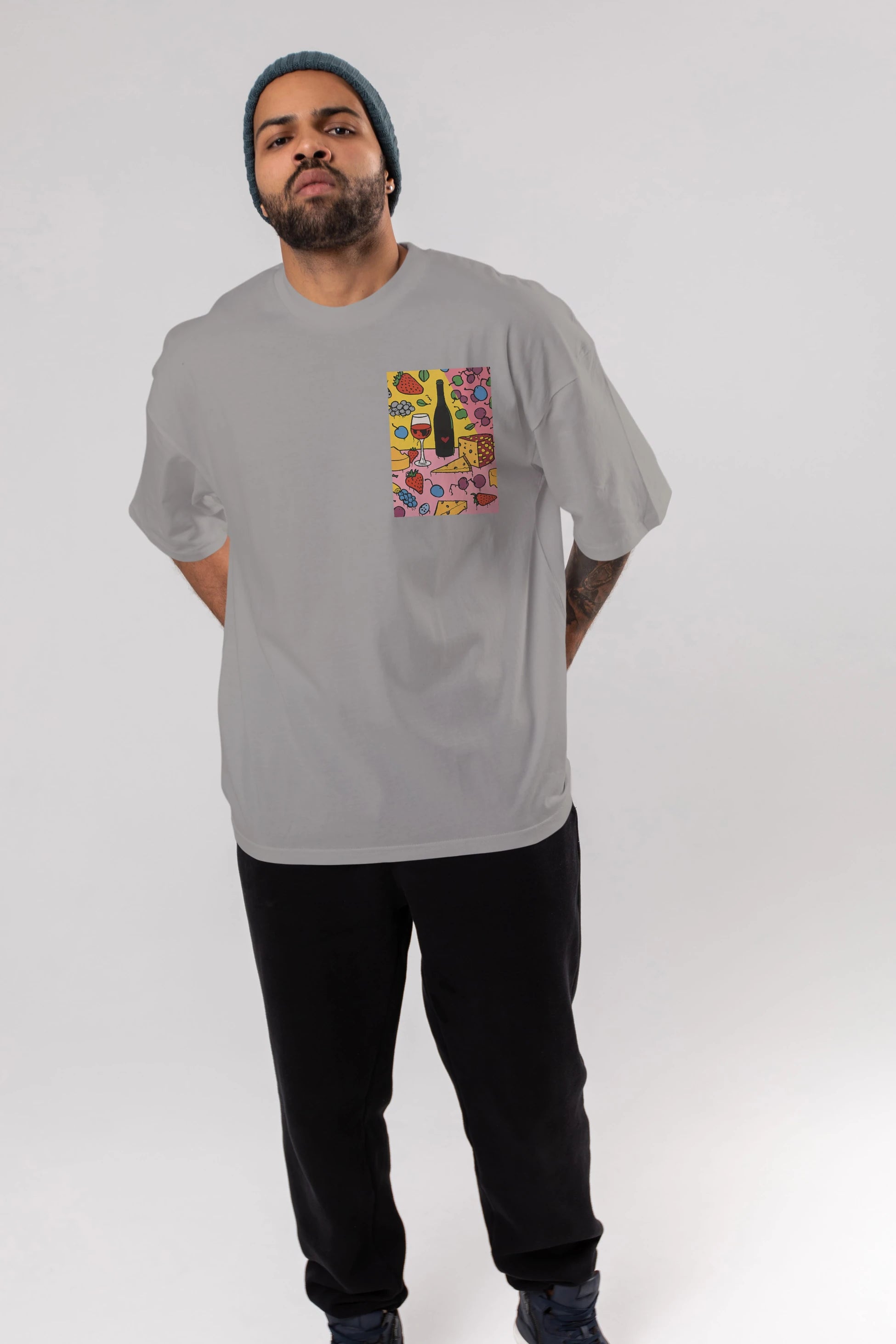 Wine Cheese Fruits Ön Sol Baskılı Oversize t-shirt Erkek Kadın Unisex %100 Pamuk Bisiklet Yaka tişort