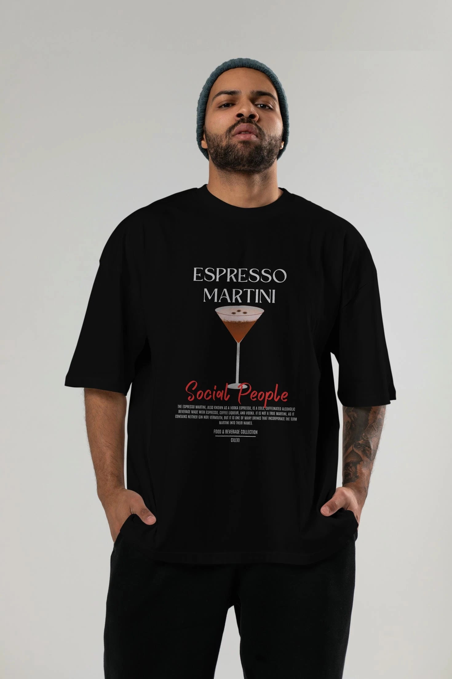 Espresso Martını Kokteyl Serisi ön Baskılı Oversize t-shirt Erkek Kadın %100 Pamuk Bisiklet Yaka tişort