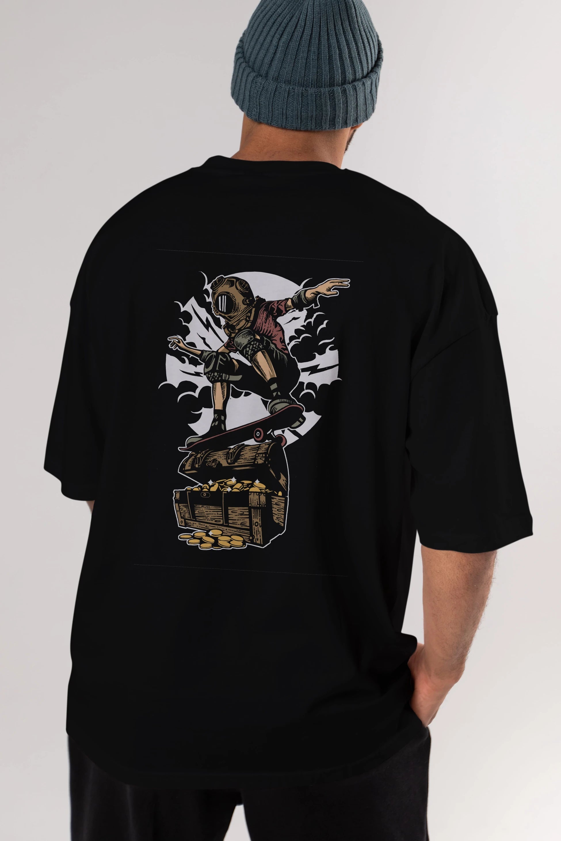 Diver Skater Treasure Arka Baskılı Oversize t-shirt Erkek Kadın Unisex %100 Pamuk