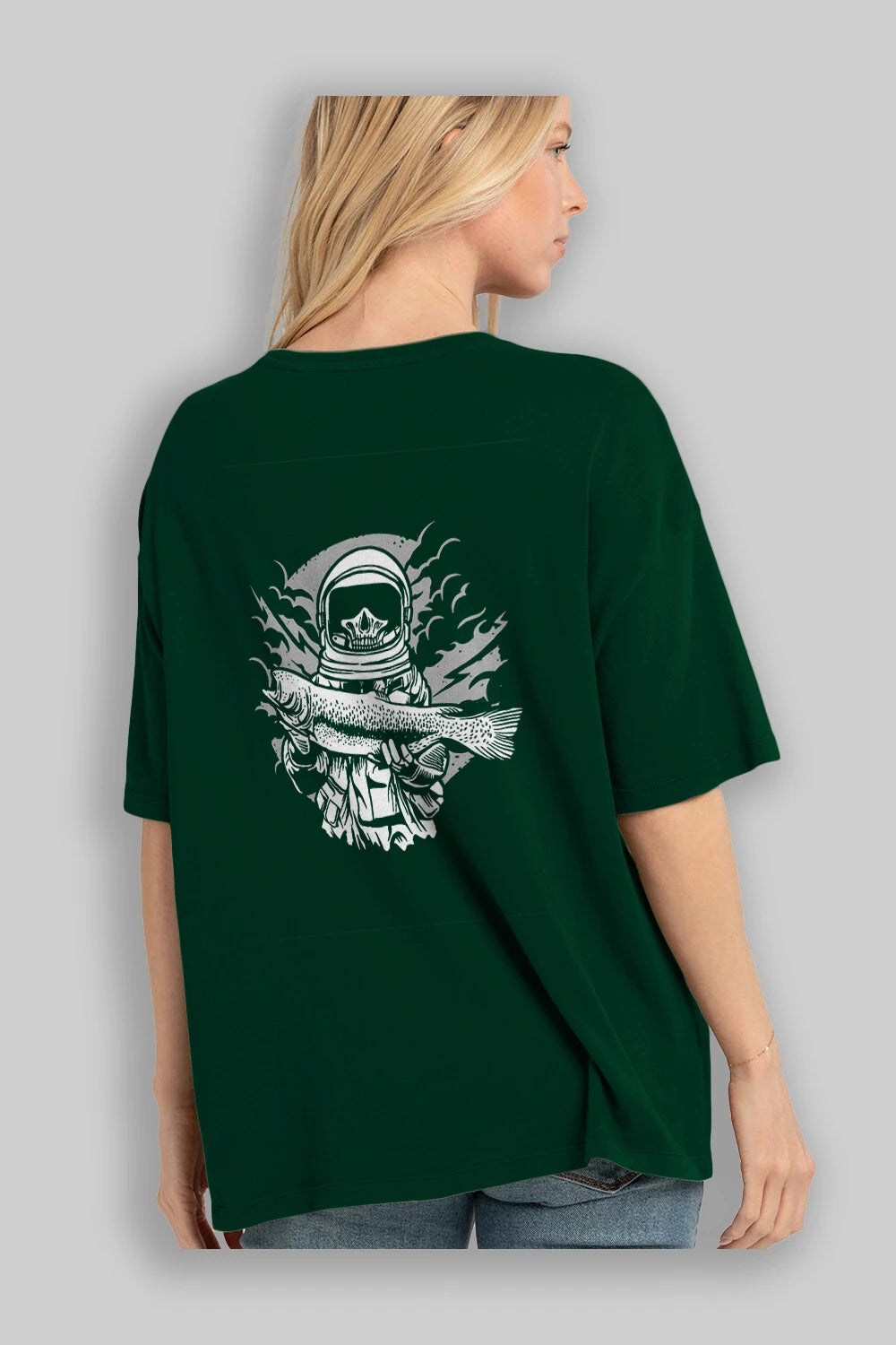 Astronaut Fishing Arka Baskılı Oversize t-shirt Erkek Kadın Unisex %100 Pamuk