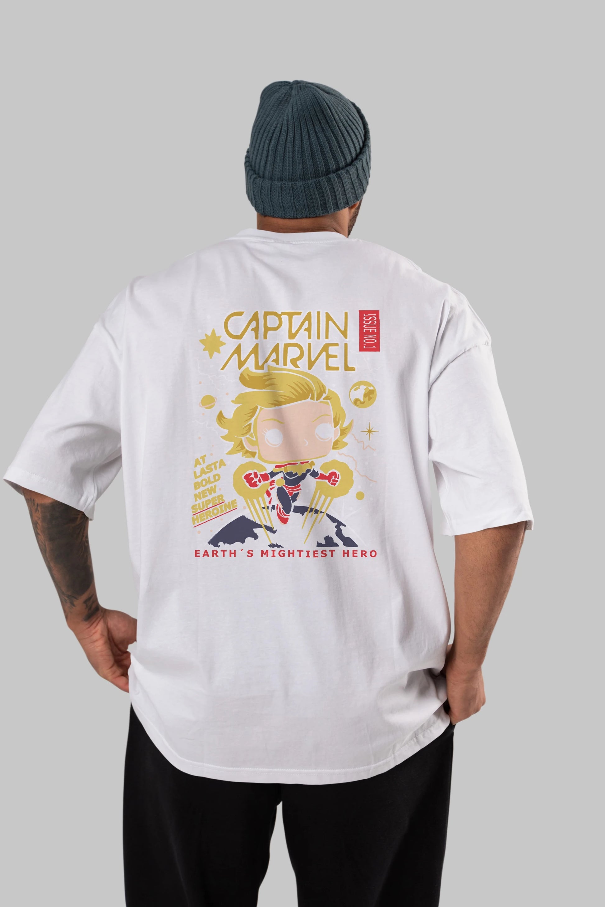 Captain Marvel Arka Baskılı Oversize t-shirt Erkek Kadın Unisex %100 Pamuk Bisiklet Yaka tişort