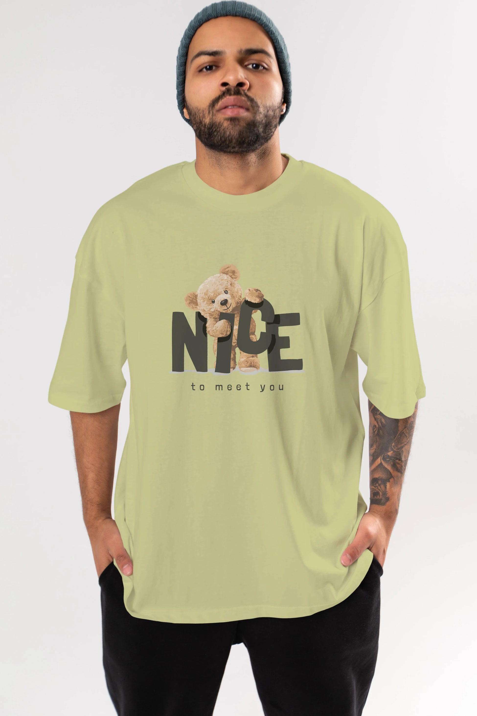 Teddy Nıce To Meet You Ön Baskılı Oversize t-shirt Erkek Kadın Unisex %100 Pamuk