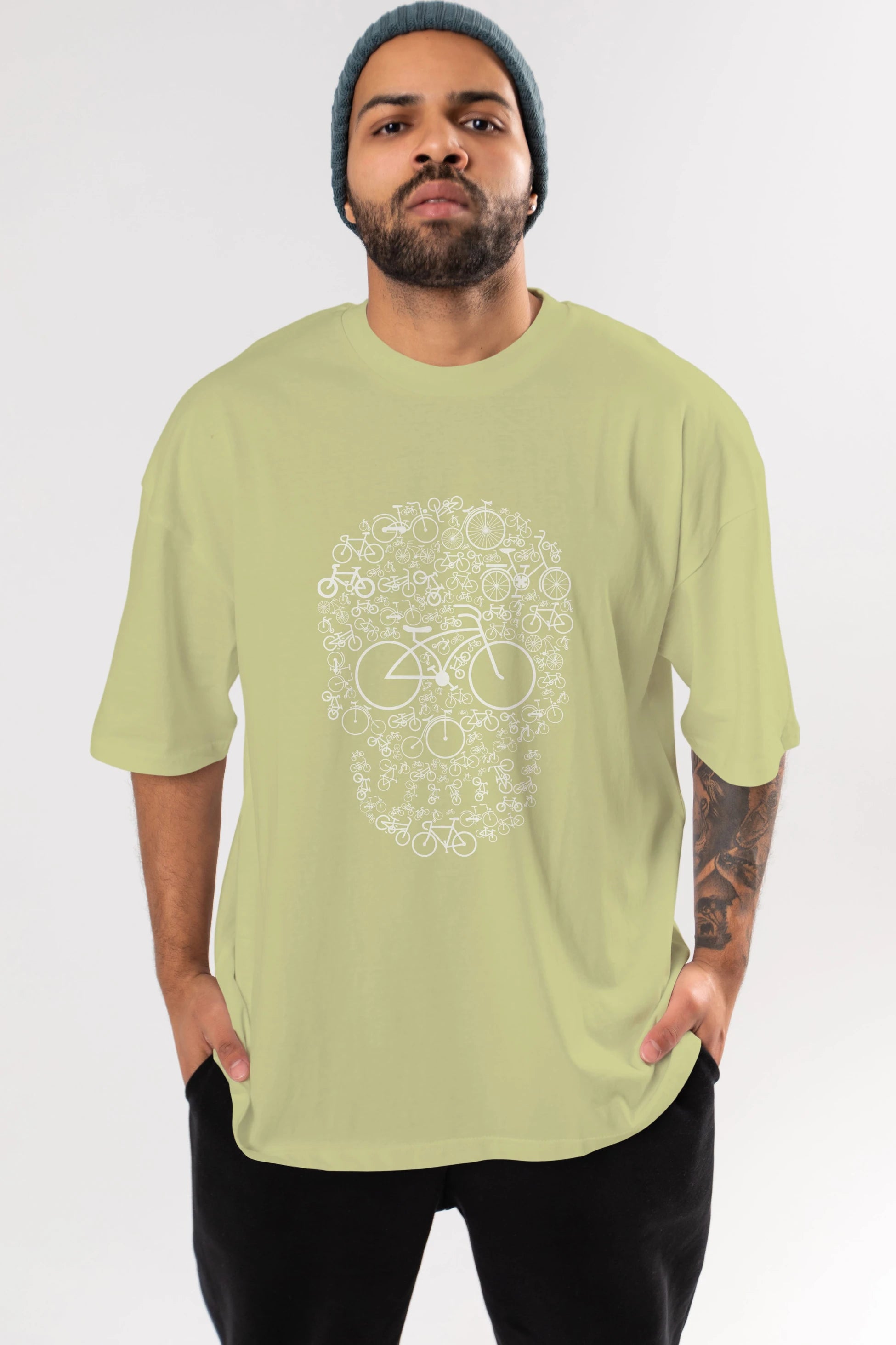 Bicycle Skull Ön Baskılı Oversize t-shirt %100 pamuk Erkek Kadın Unisex