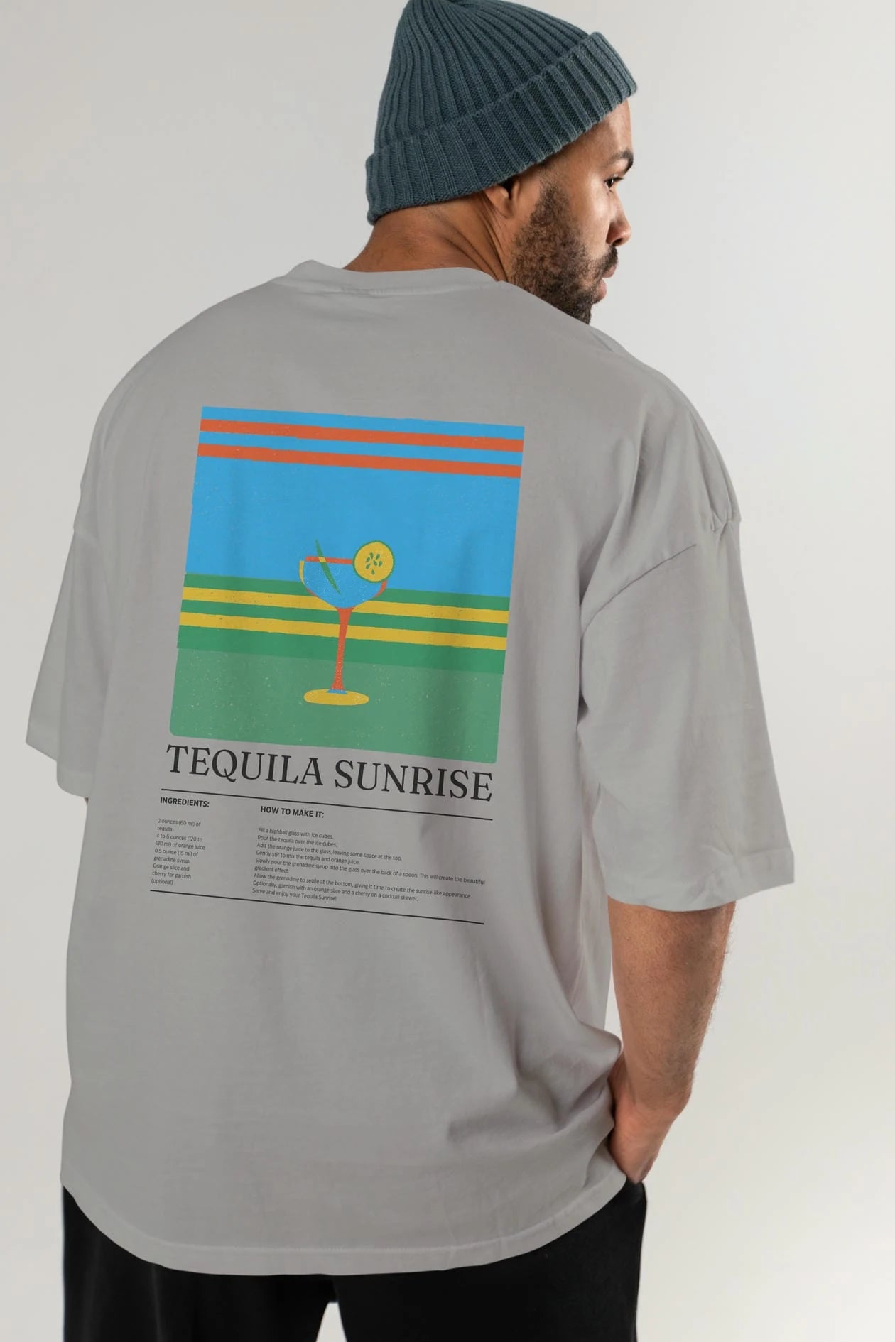Tequila Sunrise Kokteyl Serisi Arka Baskılı Oversize t-shirt Erkek Kadın %100 Pamuk Bisiklet Yaka tişort