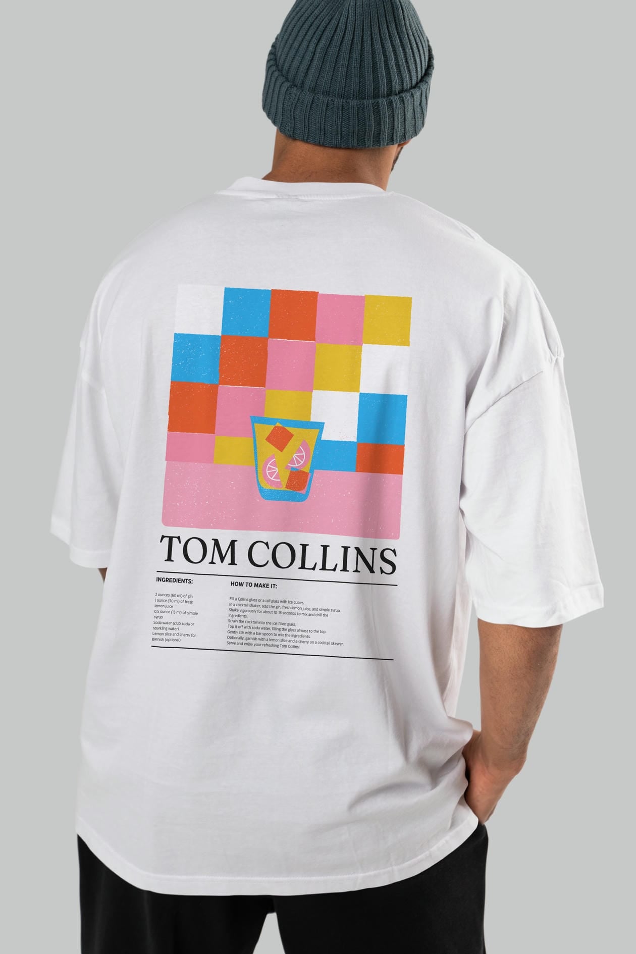 Tom Collins Kokteyl Serisi Arka Baskılı Oversize t-shirt Erkek Kadın %100 Pamuk Bisiklet Yaka tişort