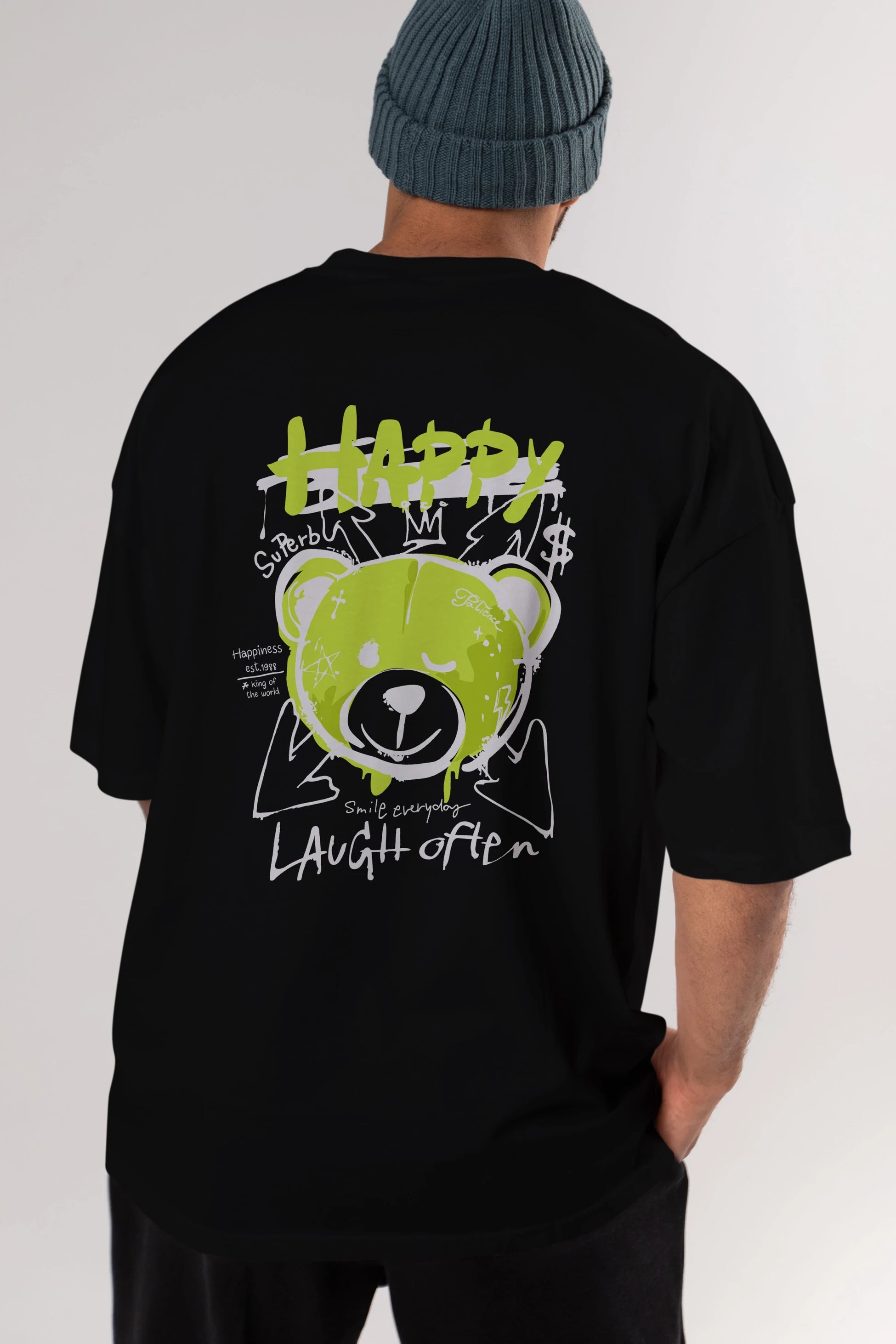 Happy Bear Arka Baskılı Oversize t-shirt Erkek Kadın Unisex