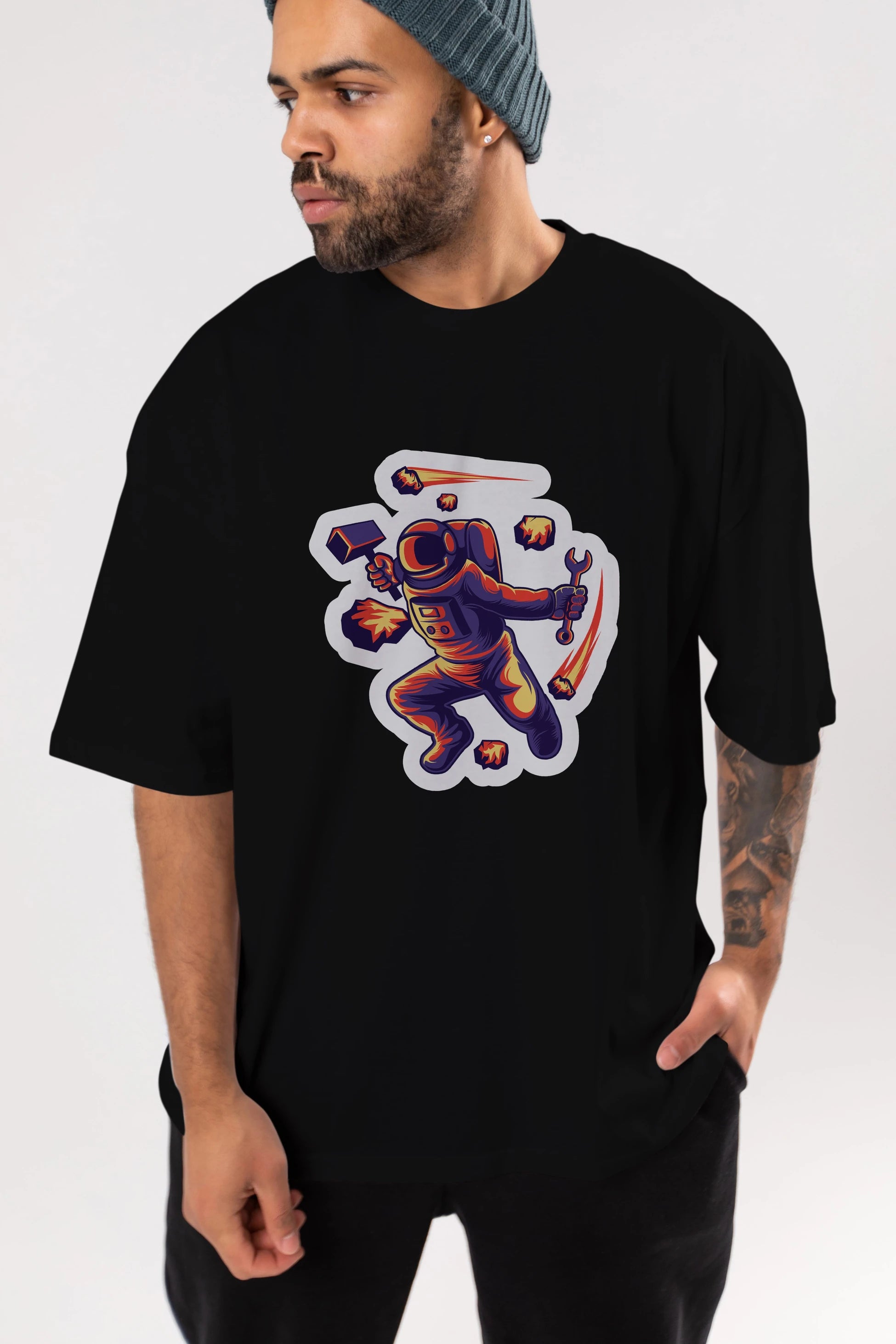 Astronaut Block Meteor Sticker Ön Baskılı Oversize t-shirt Erkek Kadın Unisex
