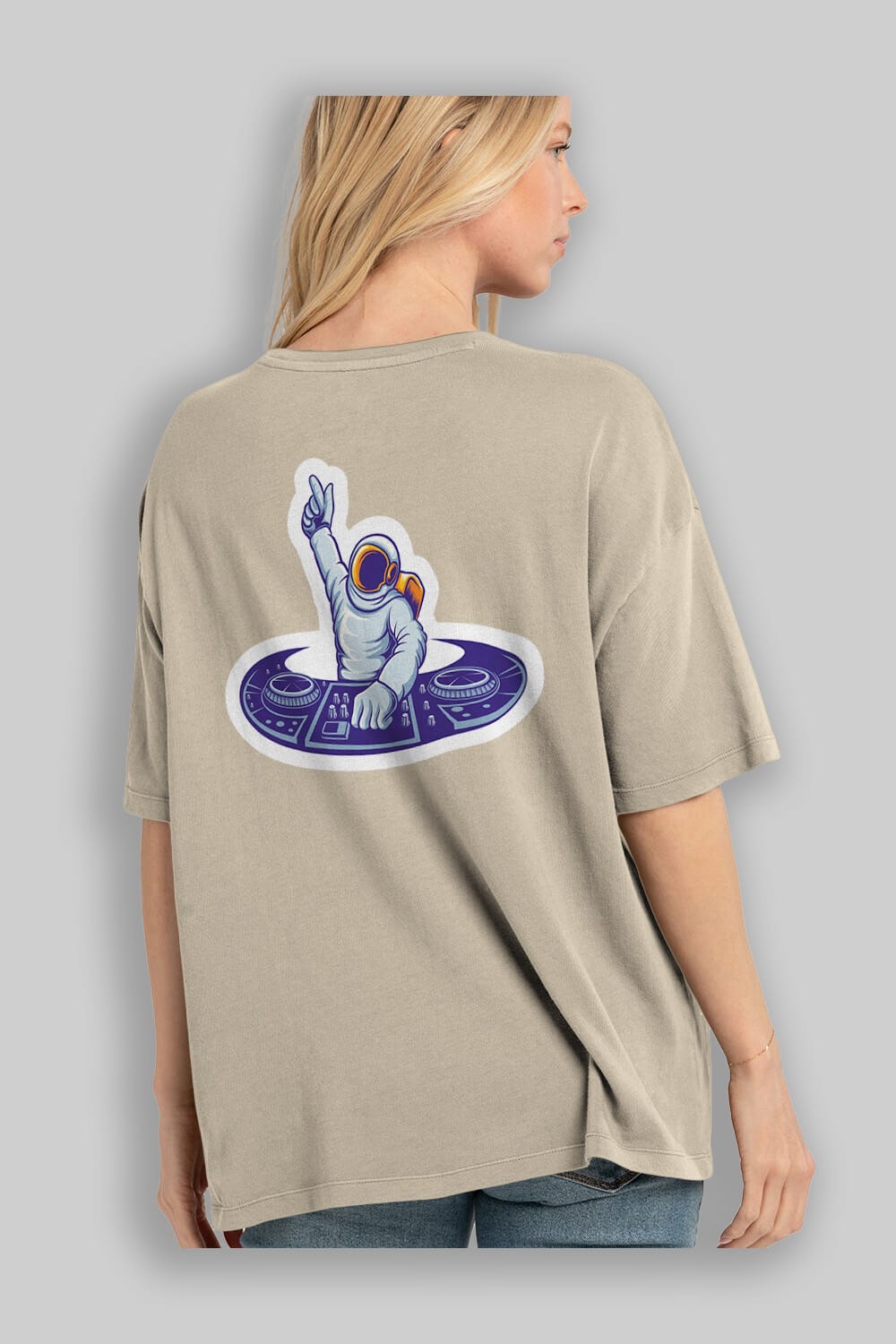 Astronaut Disk Jockey Party Sticker Arka Baskılı Oversize t-shirt Erkek Kadın Unisex