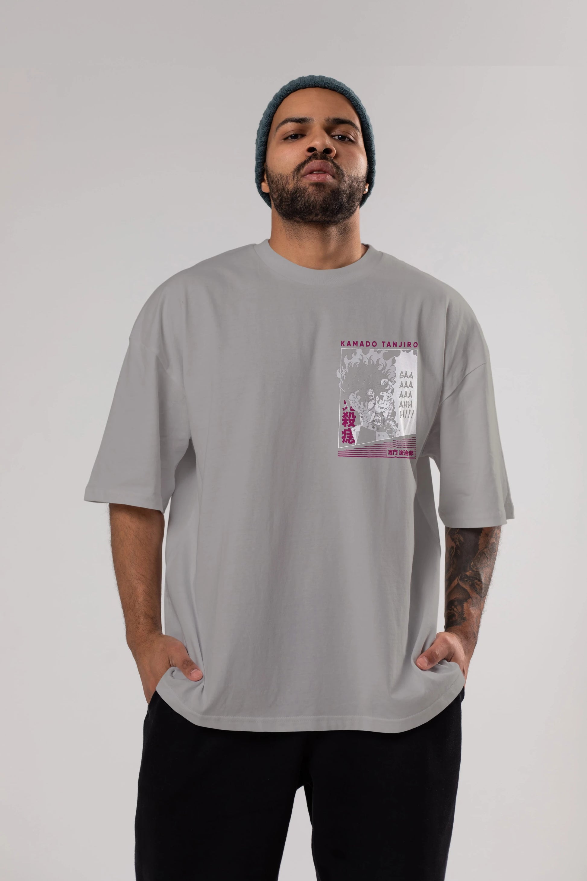 TANJIRO KAMADO 3 Ön Sol Baskılı Oversize t-shirt Erkek Kadın Unisex %100 Pamuk Bisiklet Yaka tişort