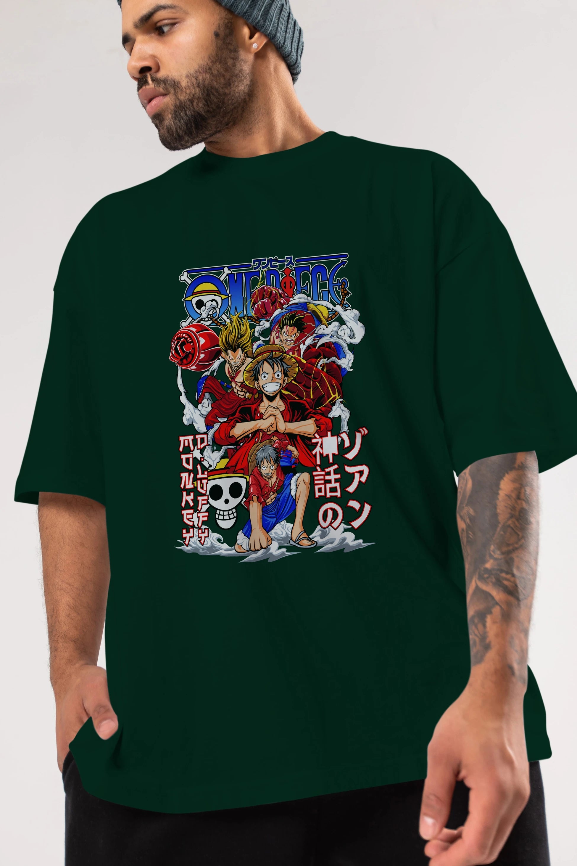 MONKEY D. LUFF-ONE PIECE 2 Anime Ön Baskılı Oversize t-shirt %100 pamuk Erkek Kadın Unisex