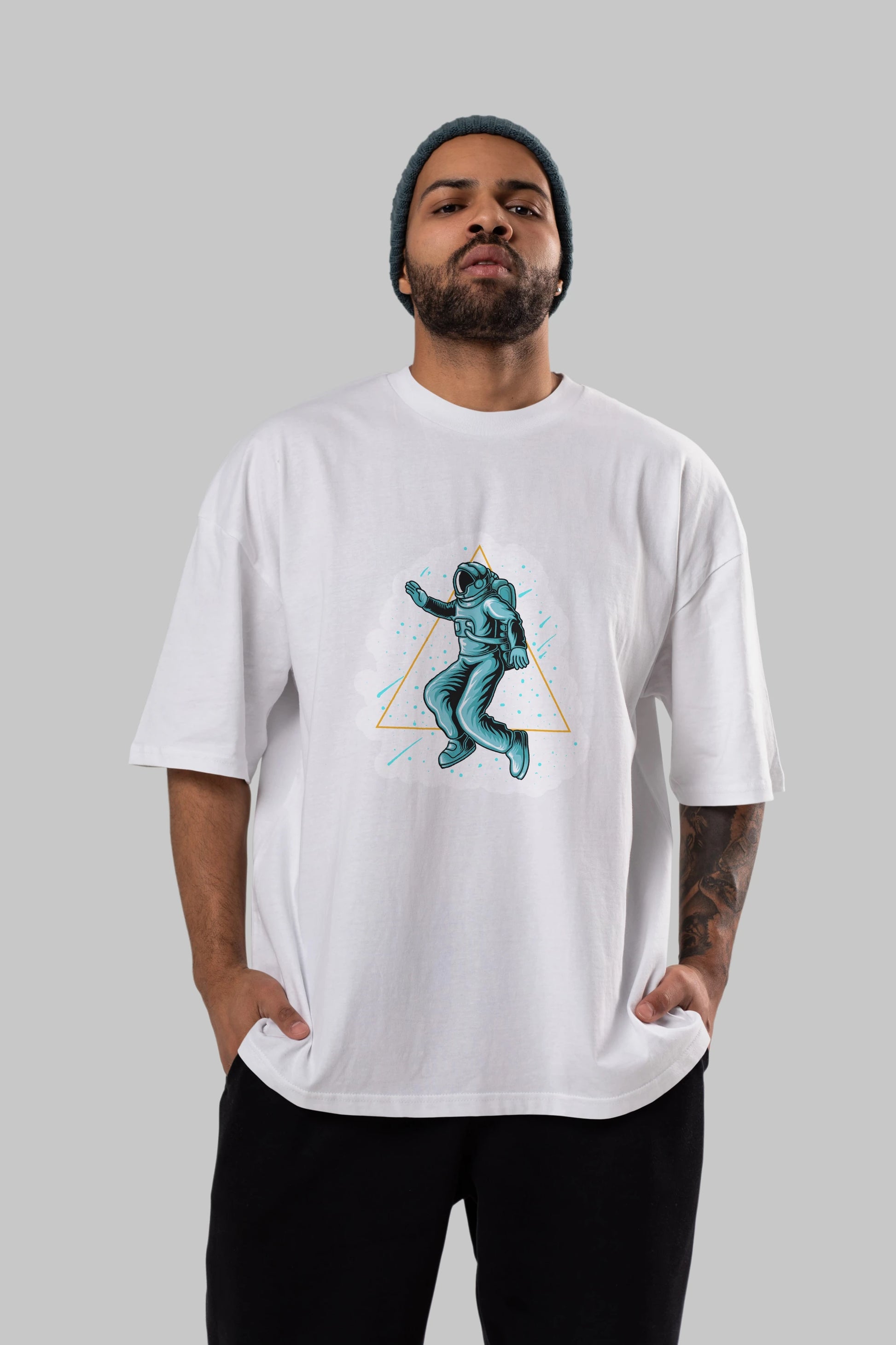 Astronaut Starry Triangle Sticker Ön Baskılı Oversize t-shirt Erkek Kadın Unisex
