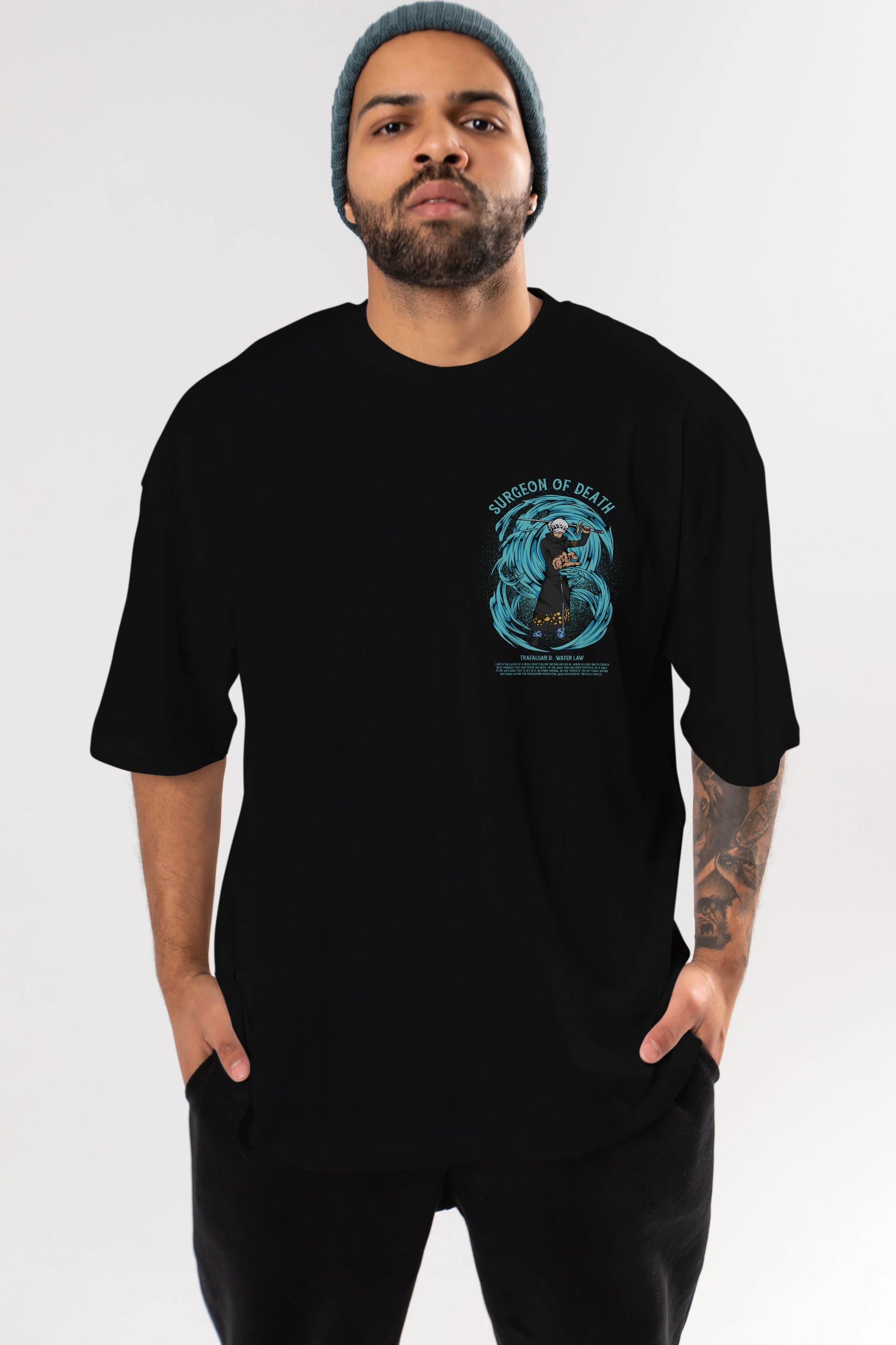 Trafalgad D. Water Law Ön Sol Baskılı Oversize t-shirt Erkek Kadın Unisex %100 Pamuk Bisiklet Yaka tişort