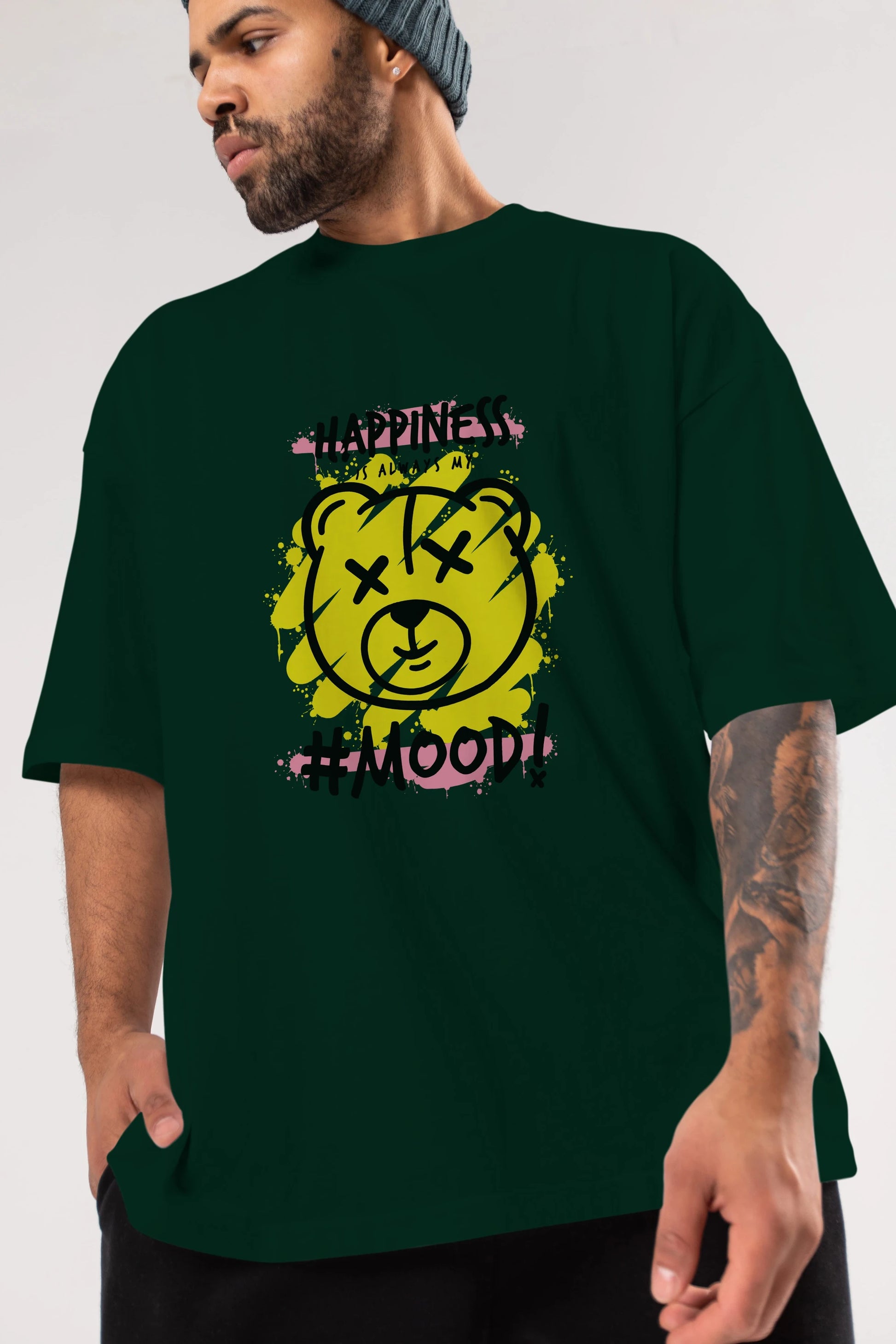 Happiness Mood Bear Ön Baskılı Oversize t-shirt Erkek Kadın Unisex