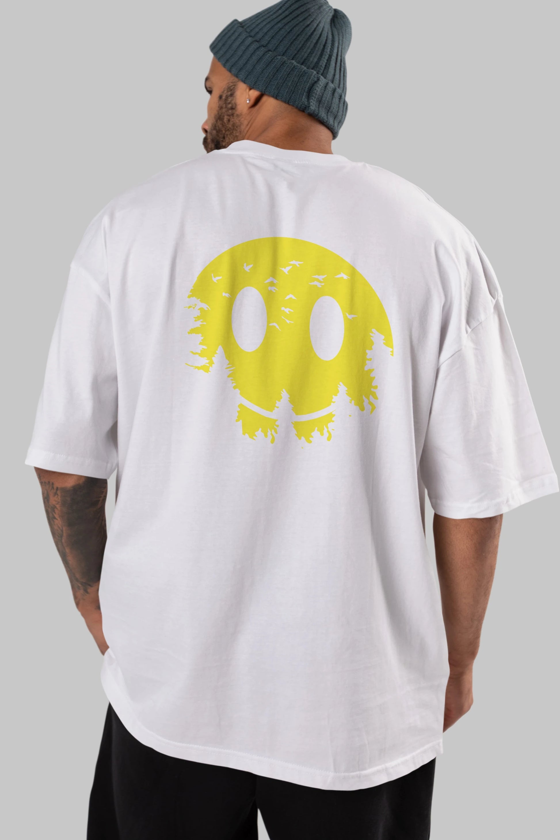 Smiley Moon Arka Baskılı Oversize t-shirt %100 pamuk Erkek Kadın Unisex