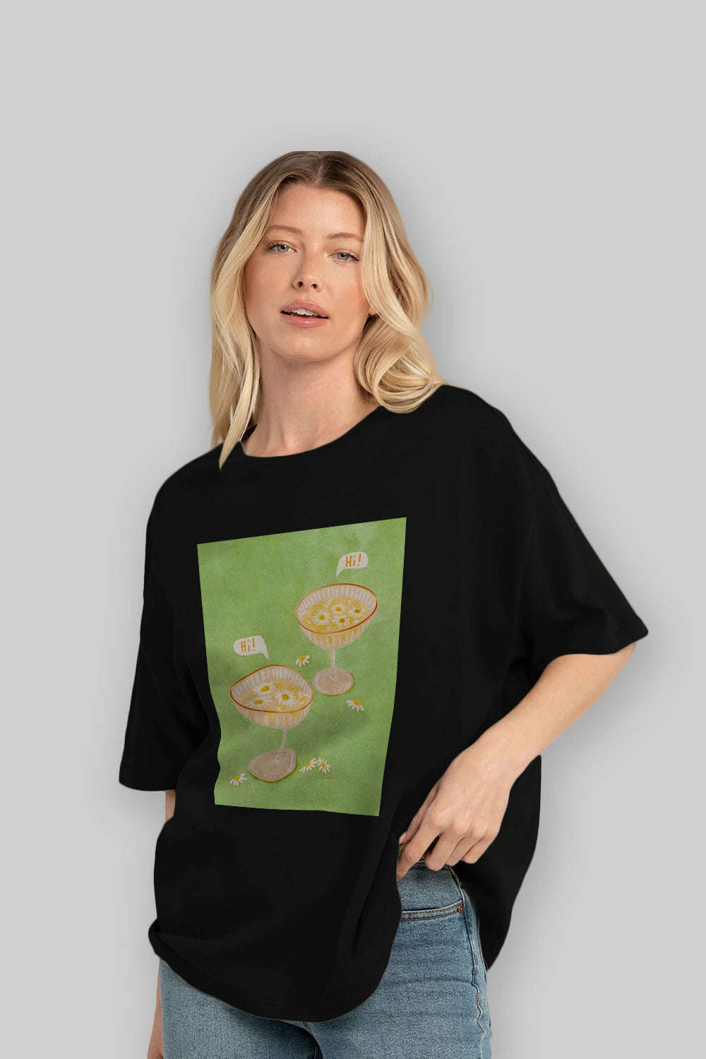 Hi Cheers Ön Baskılı Oversize t-shirt Erkek Kadın Unisex %100 Pamuk Bisiklet Yaka tişort