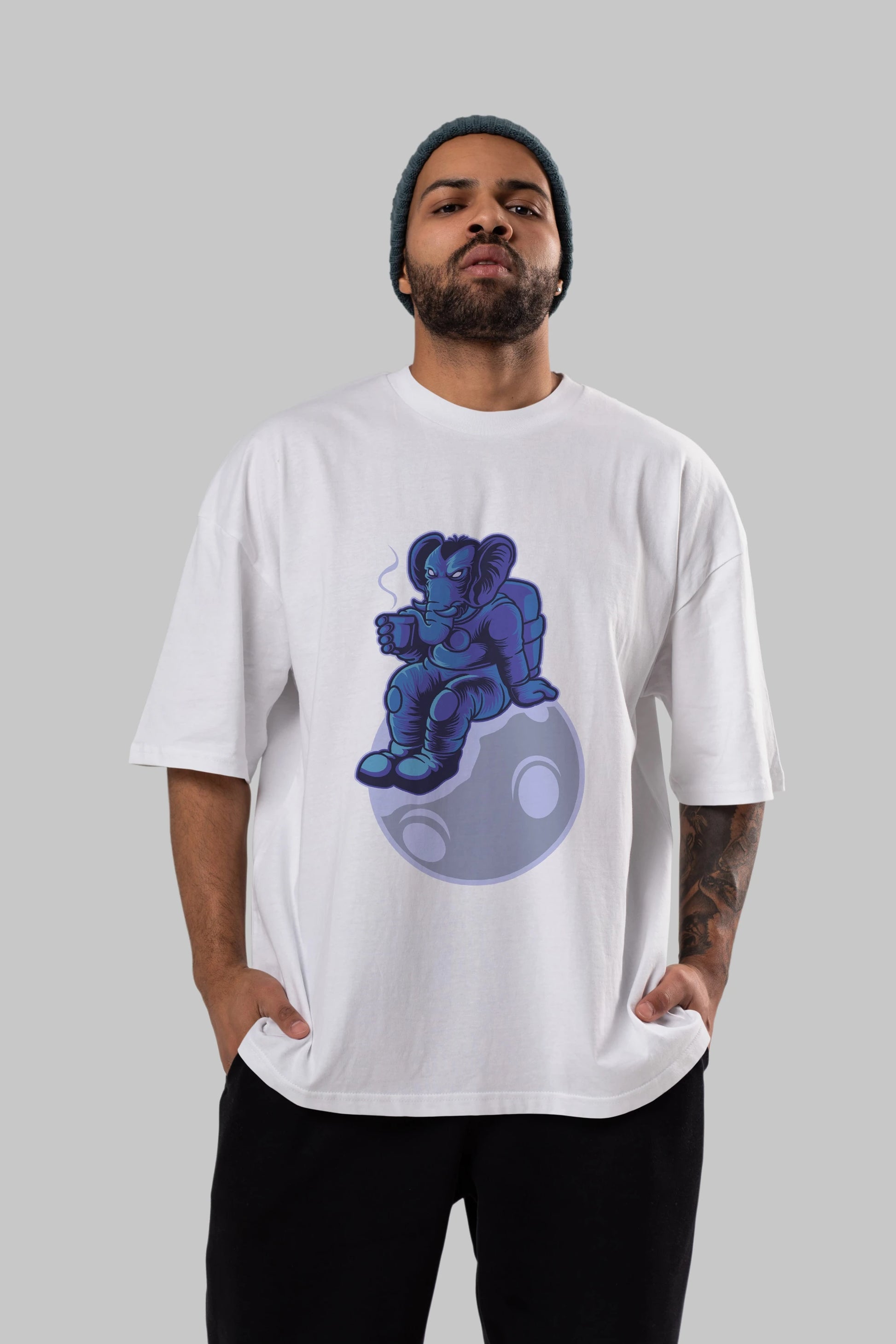 Space Elephant Drink Coffee Ön Baskılı Oversize t-shirt Erkek Kadın Unisex