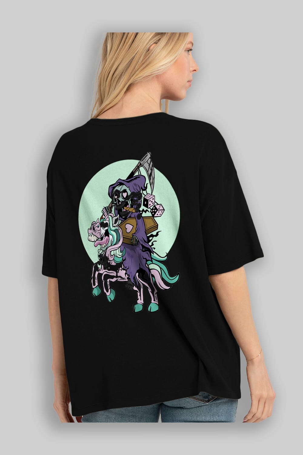 Grim Reaper Riding Unicorn Arka Baskılı Oversize t-shirt Erkek Kadın Unisex %100 Pamuk tişort