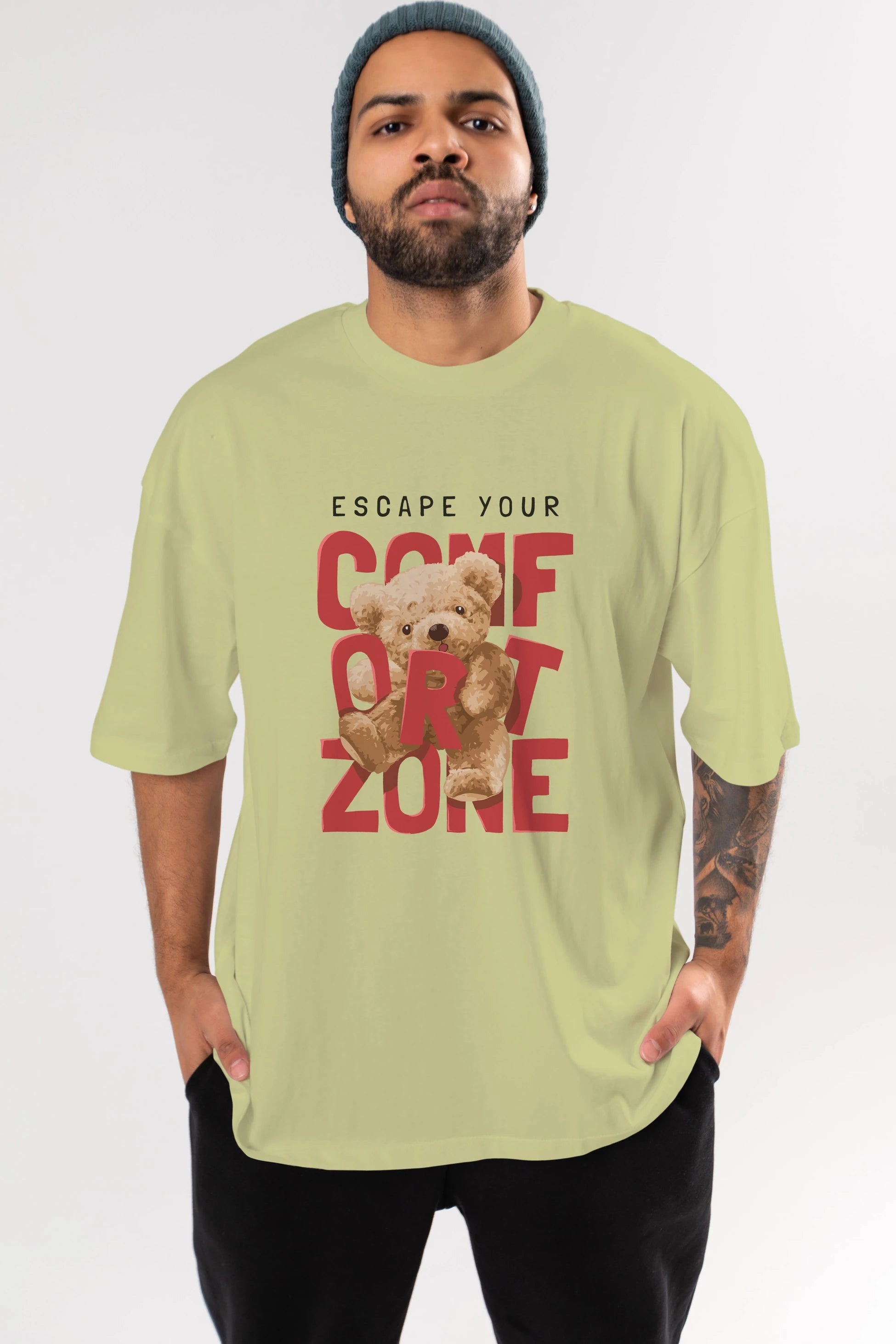 Teddy Bear Escape Comfort Zone Ön Baskılı Oversize t-shirt Erkek Kadın Unisex %100 Pamuk