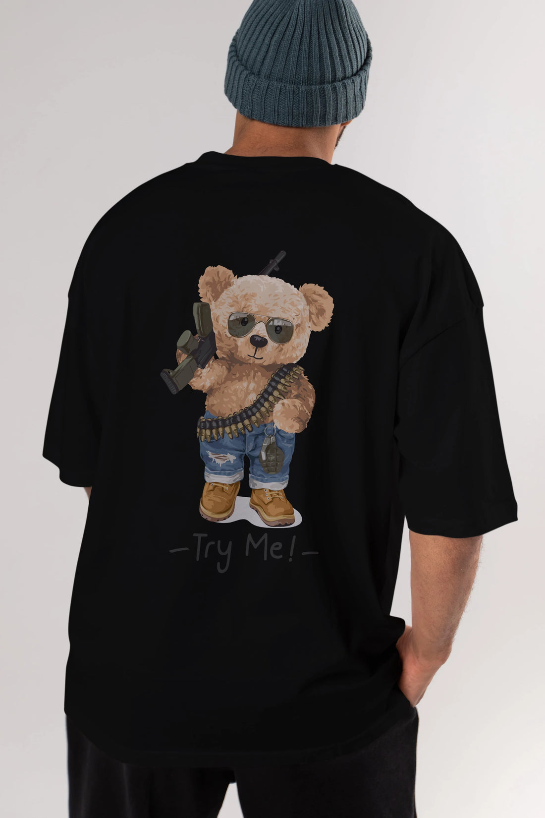 Teddy Bear Try Me Arka Baskılı Oversize t-shirt Erkek Kadın Unisex %100 Pamuk