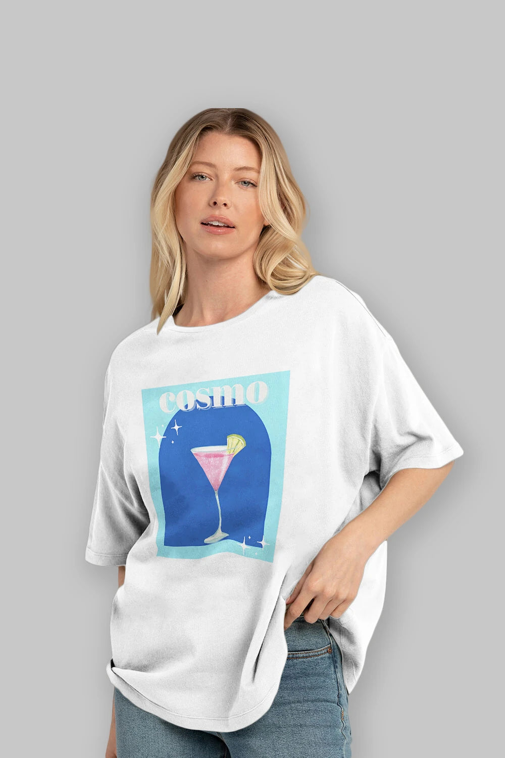 Cosmopolitan 2 Ön Baskılı Oversize t-shirt Erkek Kadın Unisex %100 Pamuk Bisiklet Yaka tişort