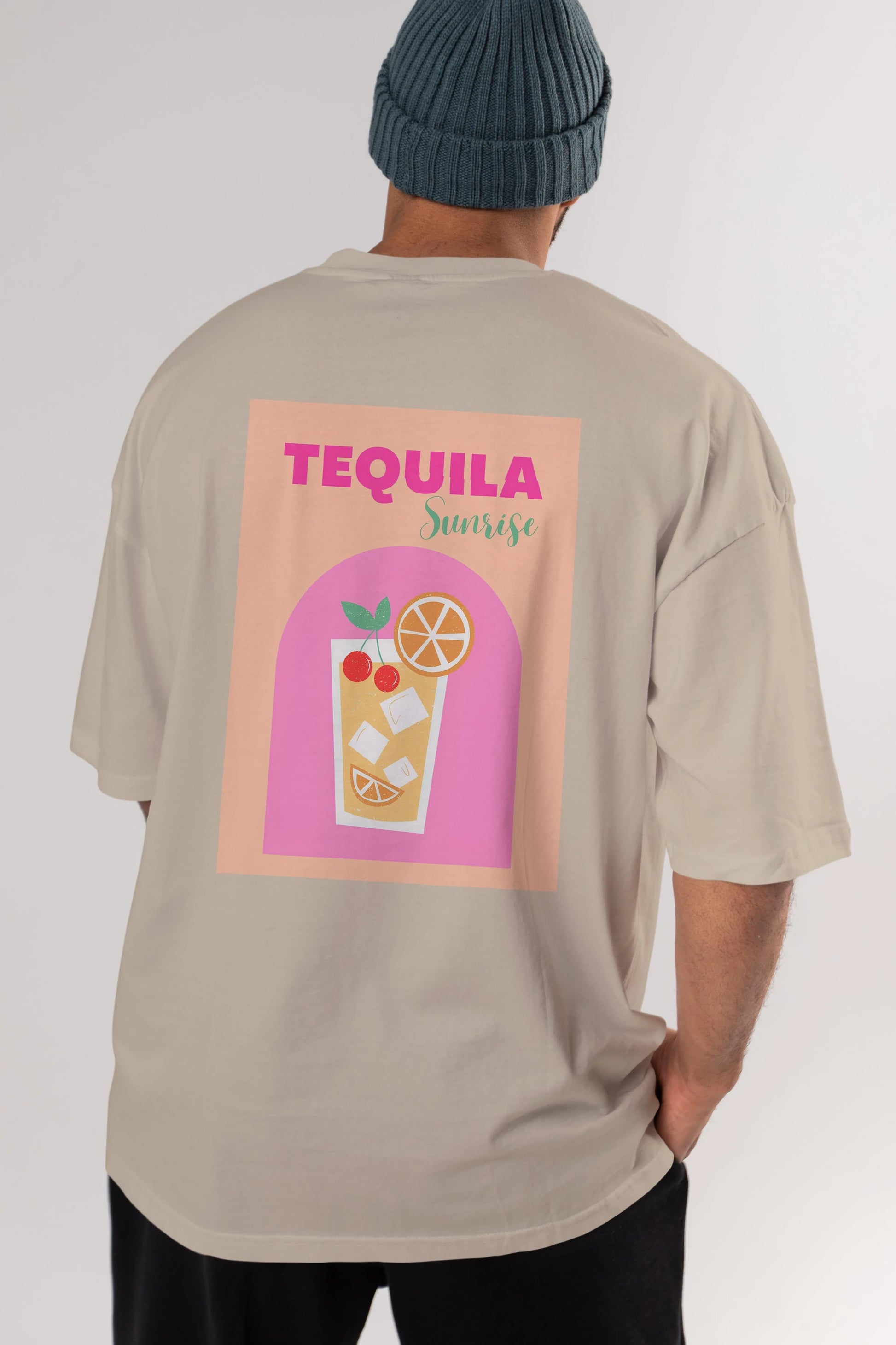Tequila Sunrise 2 Arka Baskılı Oversize t-shirt Erkek Kadın Unisex %100 Pamuk Bisiklet Yaka tişort