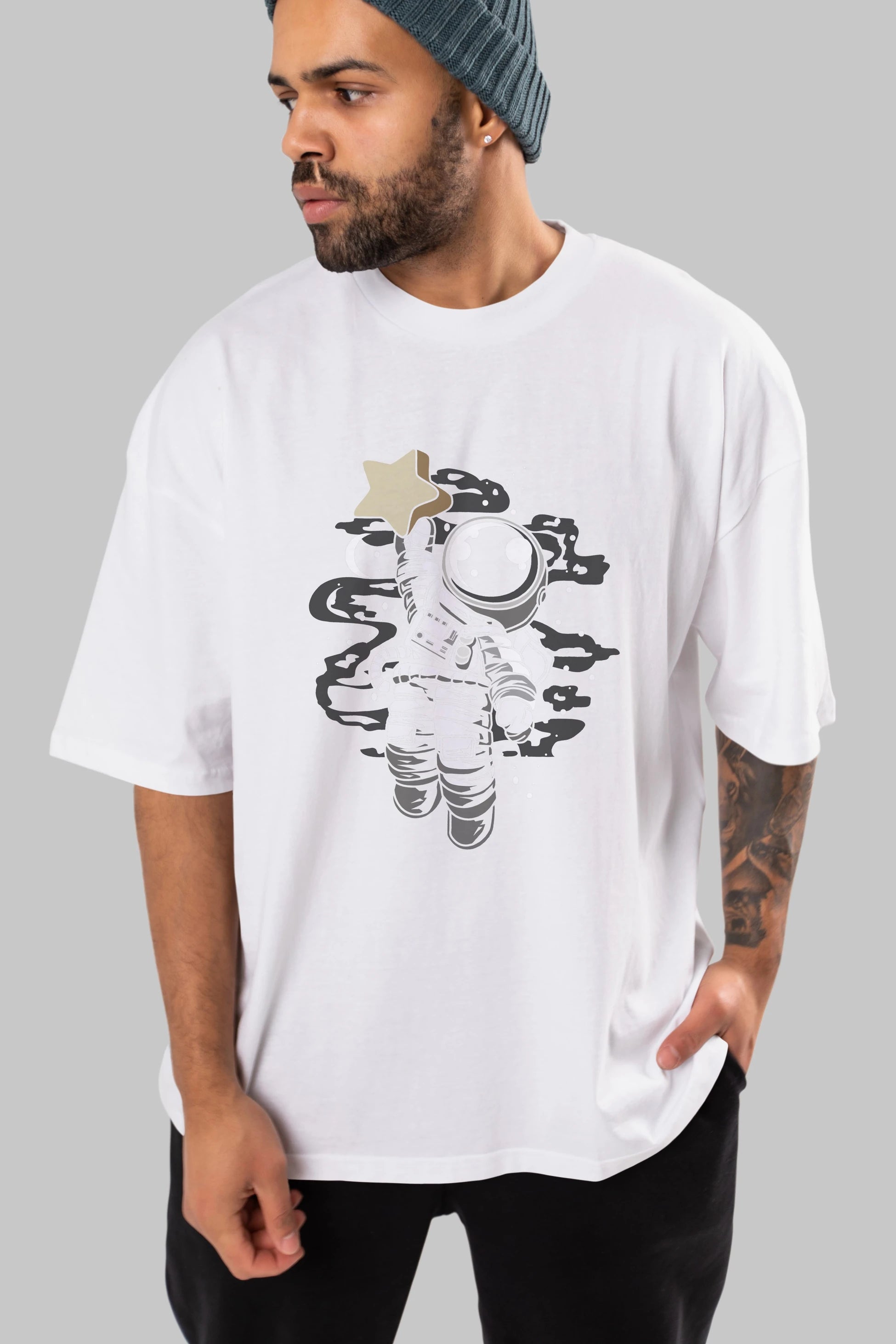 Astronaut Reach The Star Ön Baskılı Oversize t-shirt Erkek Kadın Unisex