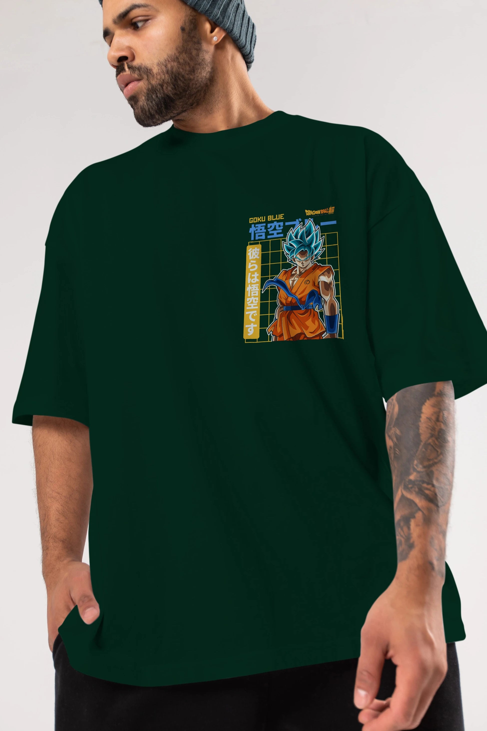 GOKU 1 Ön Sol Baskılı Oversize t-shirt Erkek Kadın Unisex %100 Pamuk Bisiklet Yaka tişort