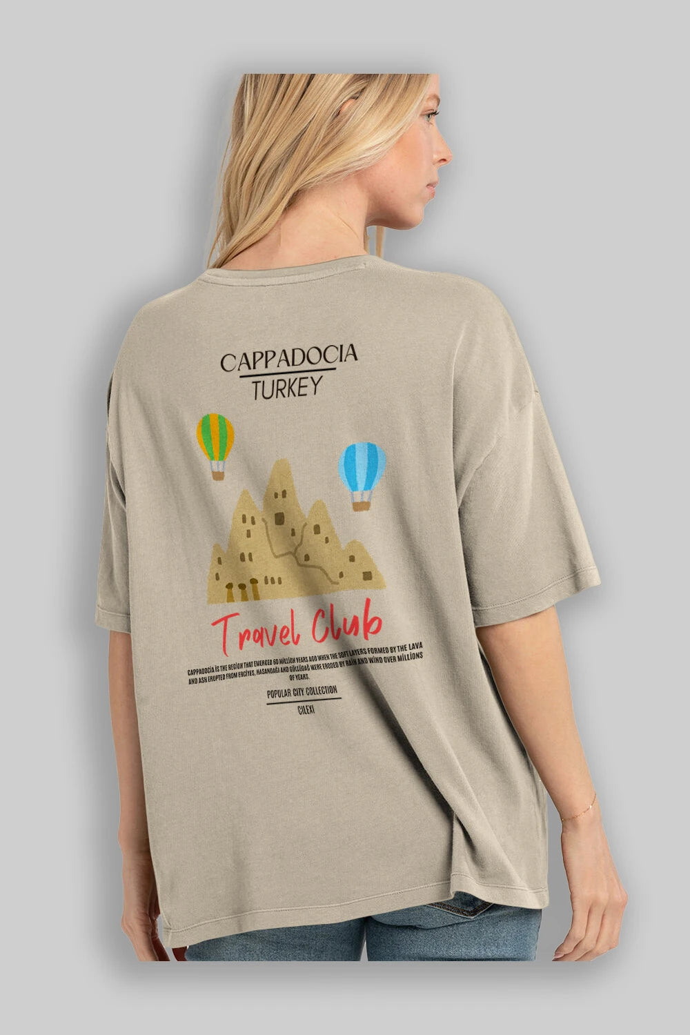 Cappadocia Turkey Arka Baskılı Oversize t-shirt Erkek Kadın Pamuk Bisiklet Yaka tişort