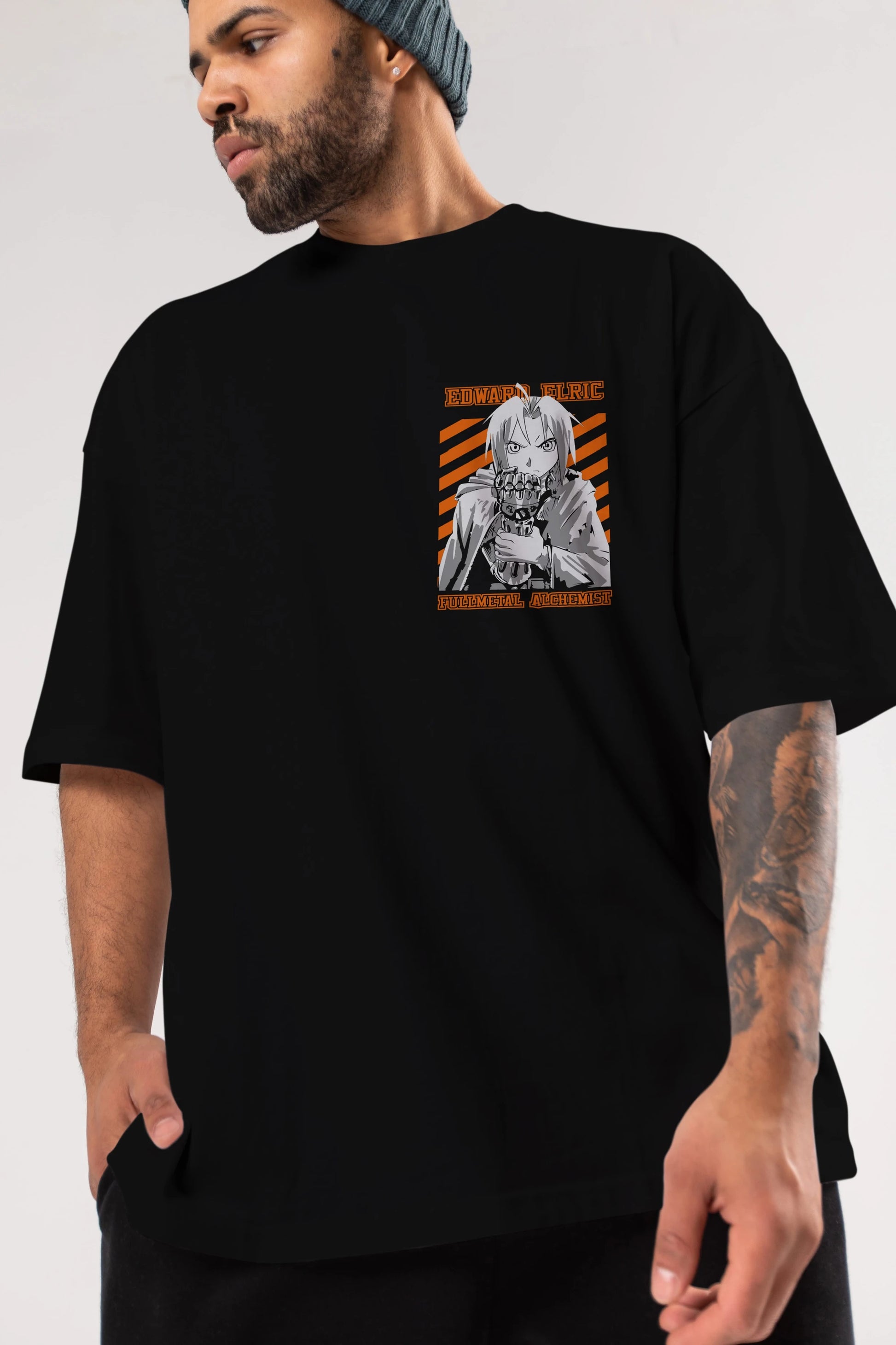 EDWARD ELRIC Ön Sol Baskılı Oversize t-shirt Erkek Kadın Unisex %100 Pamuk Bisiklet Yaka tişort