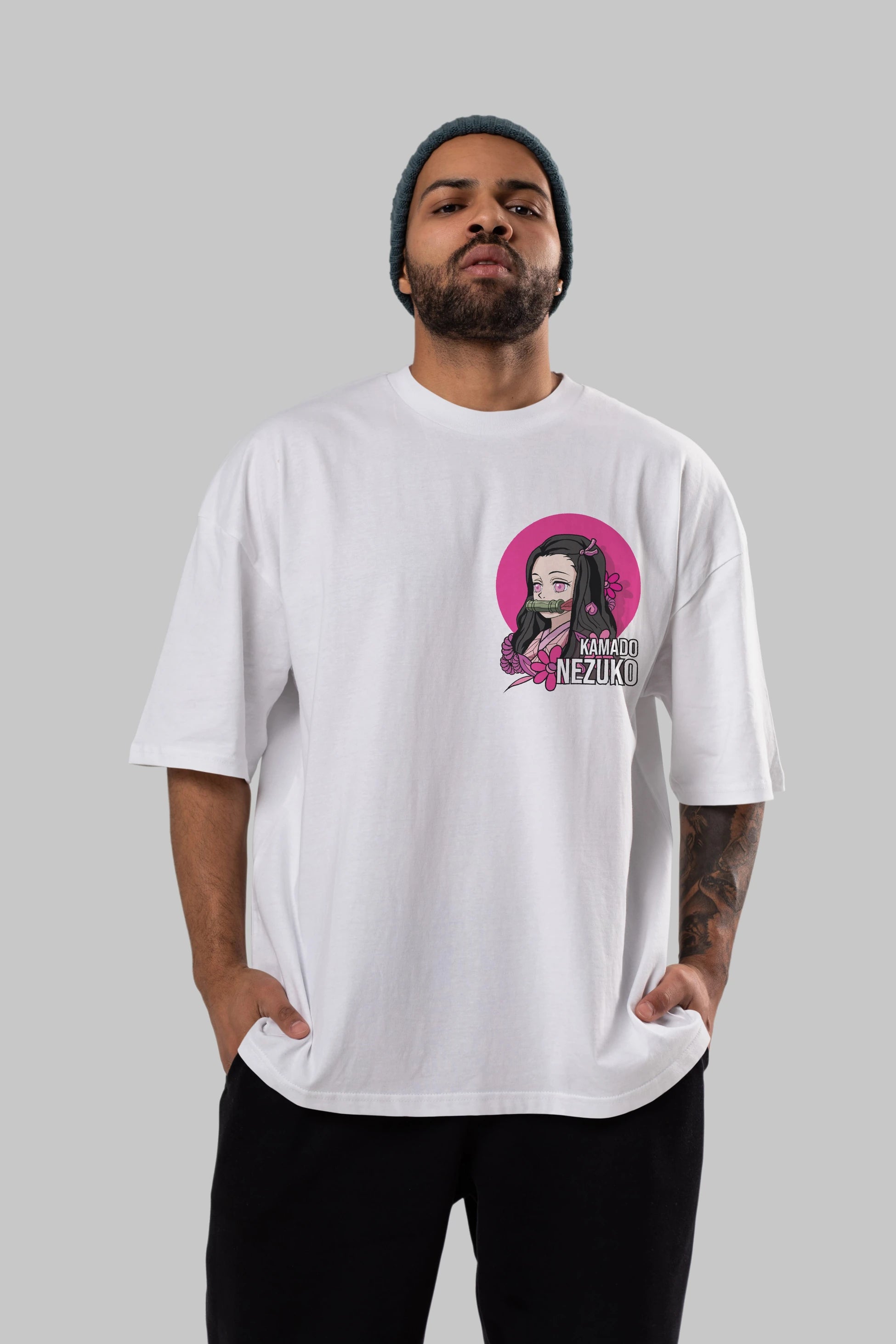 Nezuko Kamado 2 Ön Sol Baskılı Oversize t-shirt Erkek Kadın Unisex %100 Pamuk Bisiklet Yaka tişort