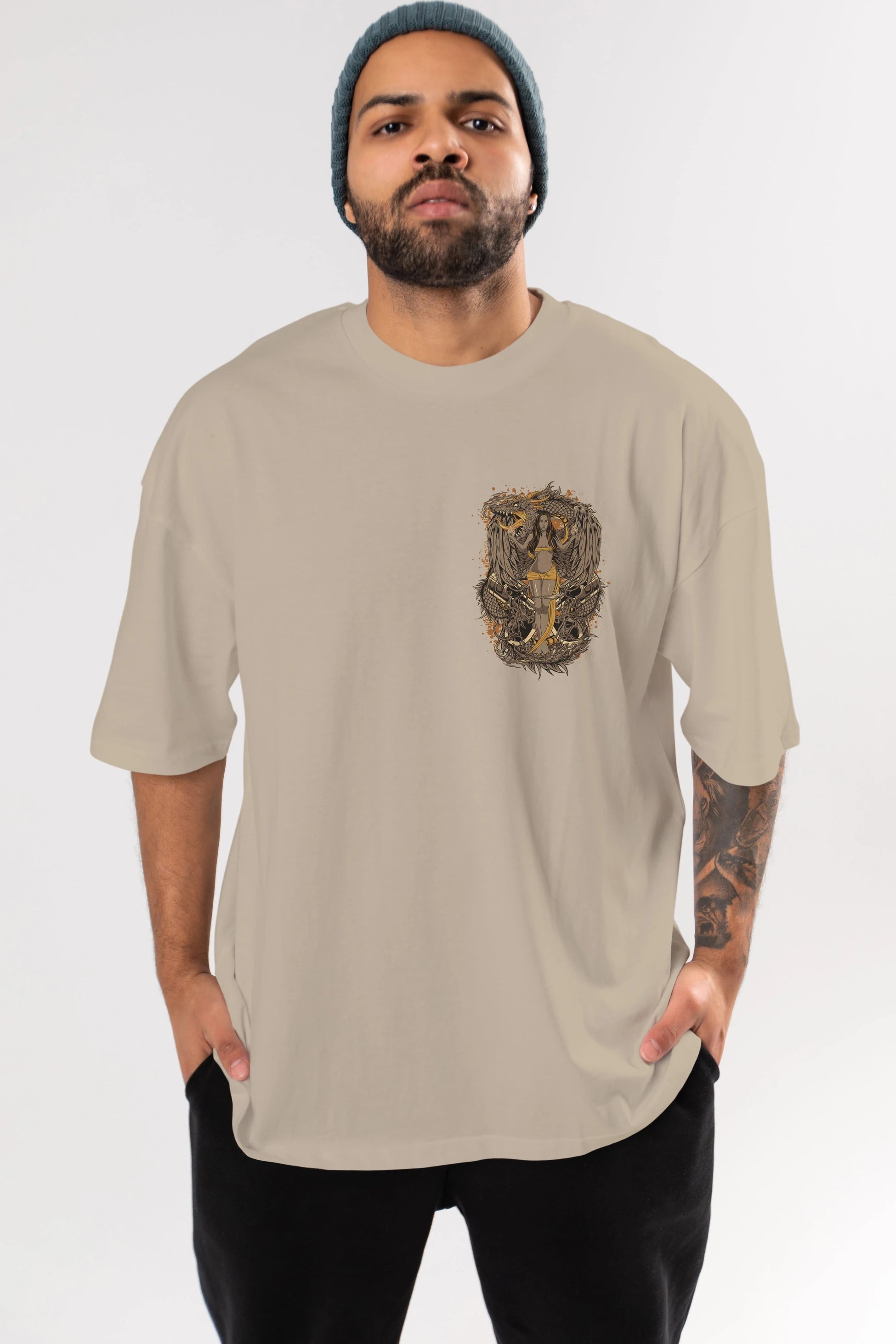 TRIBAL (3) Ön Sol Baskılı Oversize t-shirt Erkek Kadın Unisex %100 Pamuk Bisiklet Yaka tişort