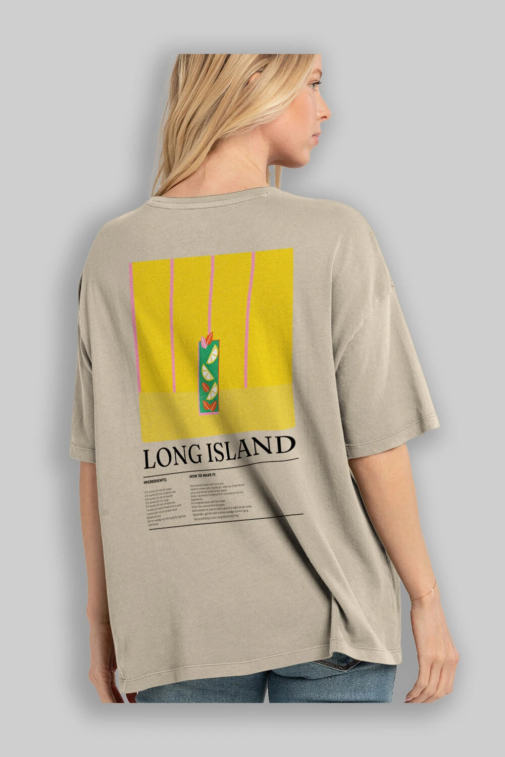 Long Island Kokteyl Serisi Arka Baskılı Oversize t-shirt Erkek Kadın %100 Pamuk Bisiklet Yaka tişort