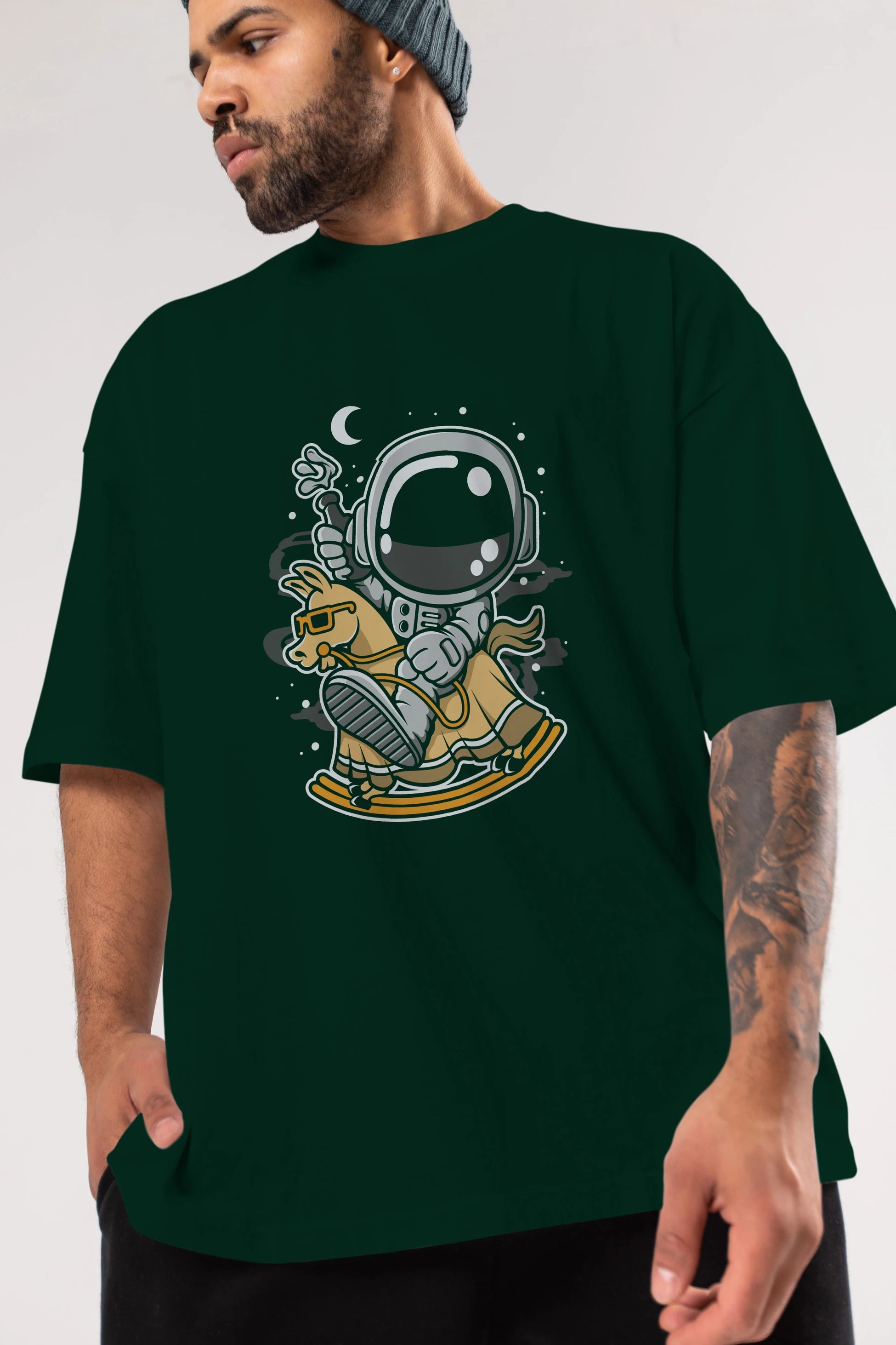 Astronaut RidingToy Horse Ön Baskılı Oversize t-shirt Erkek Kadın Unisex