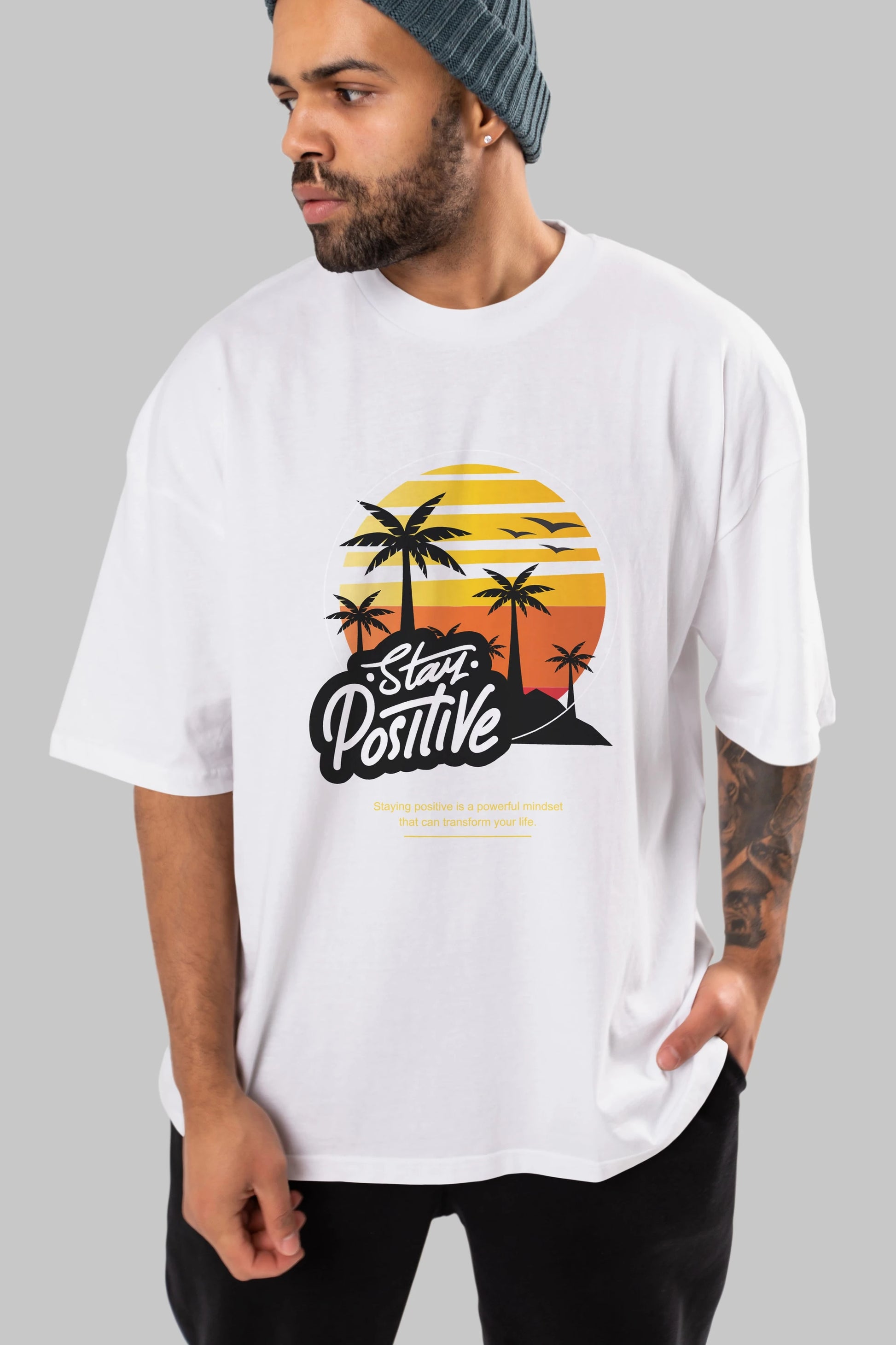 Stay Positive Yazılı Ön Baskılı Oversize t-shirt Erkek Kadın Unisex
