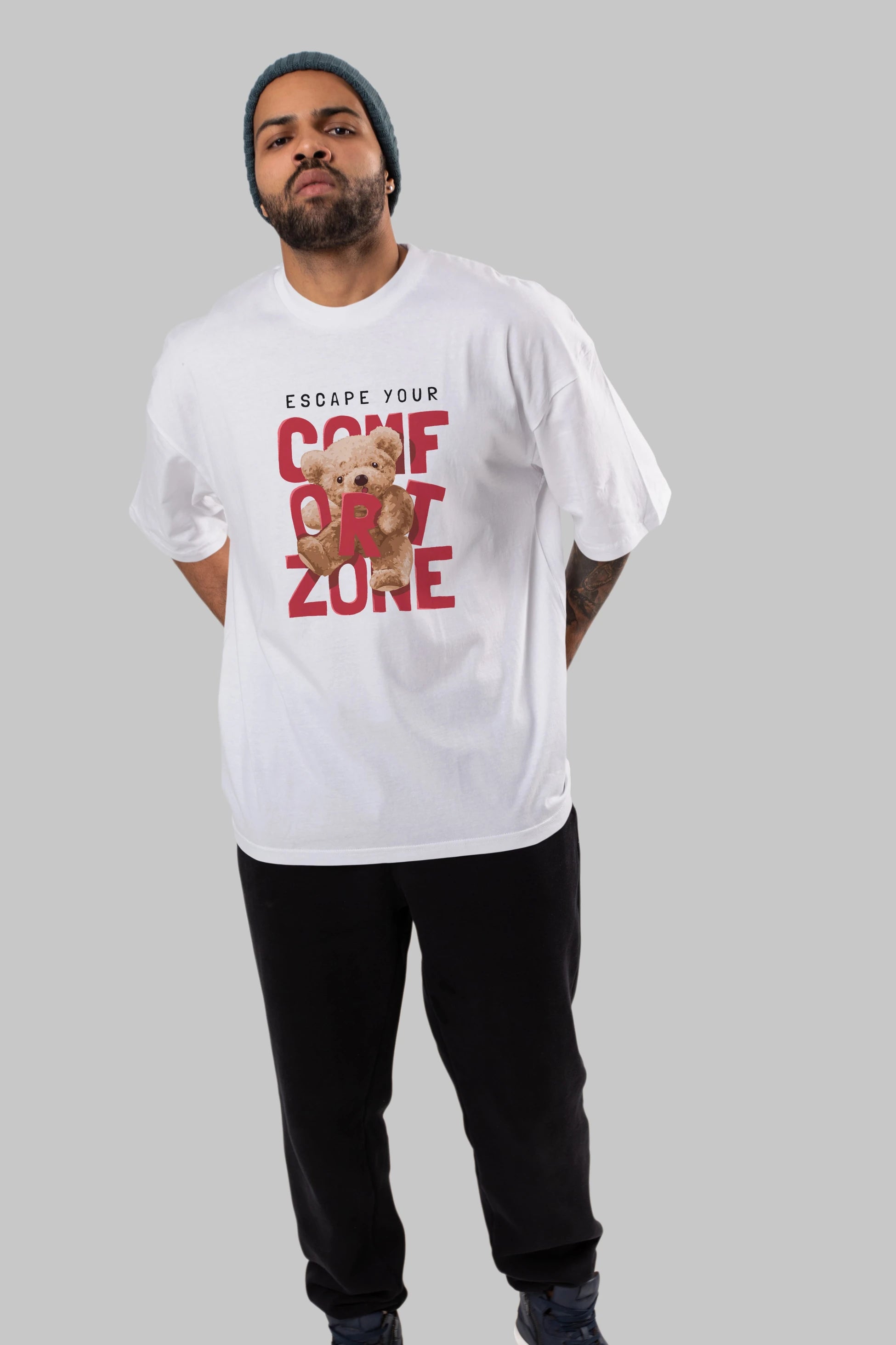 Teddy Bear Escape Comfort Zone Ön Baskılı Oversize t-shirt Erkek Kadın Unisex %100 Pamuk