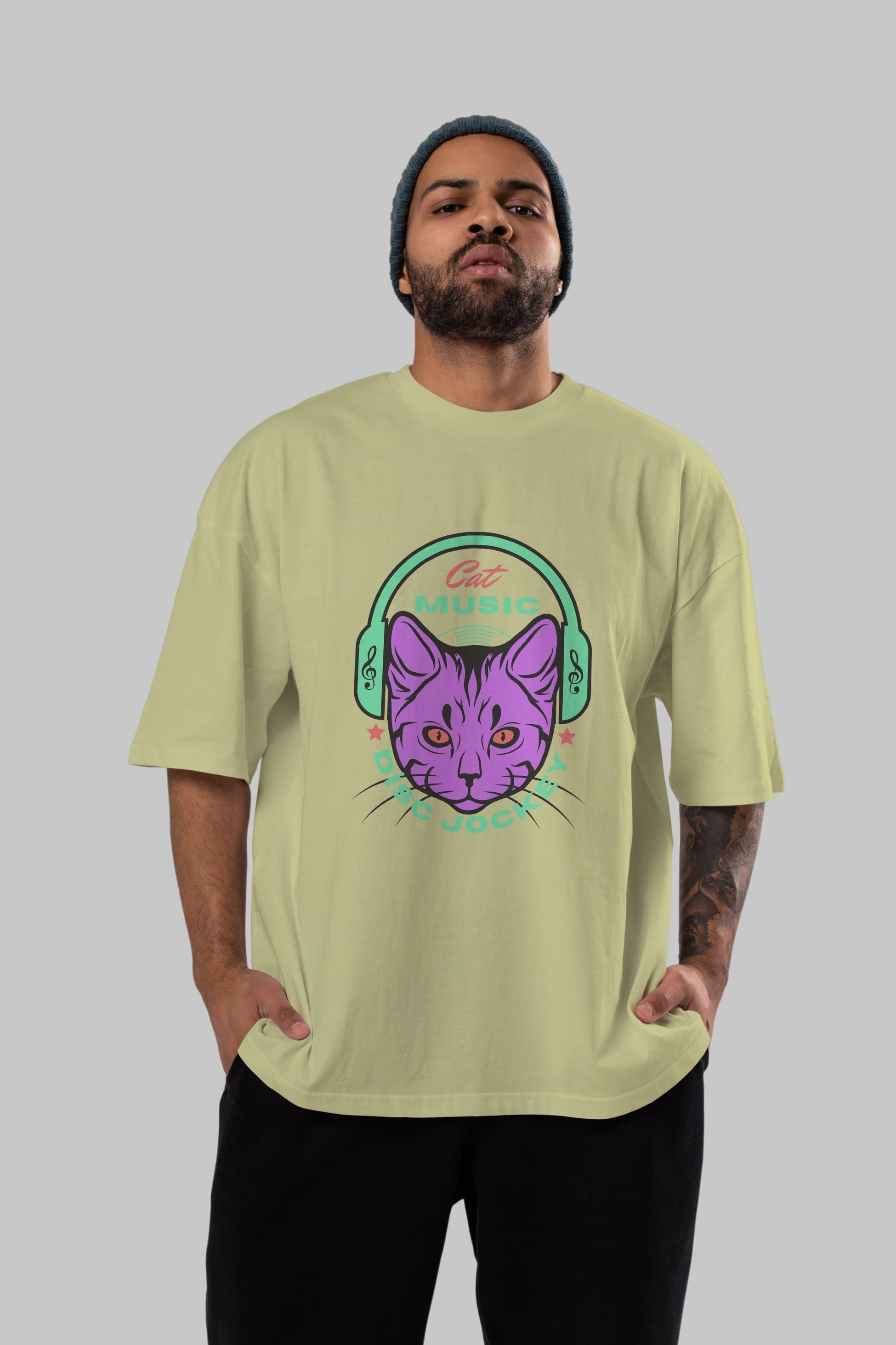 Cat Music Ön Baskılı Oversize t-shirt Erkek Kadın Unisex