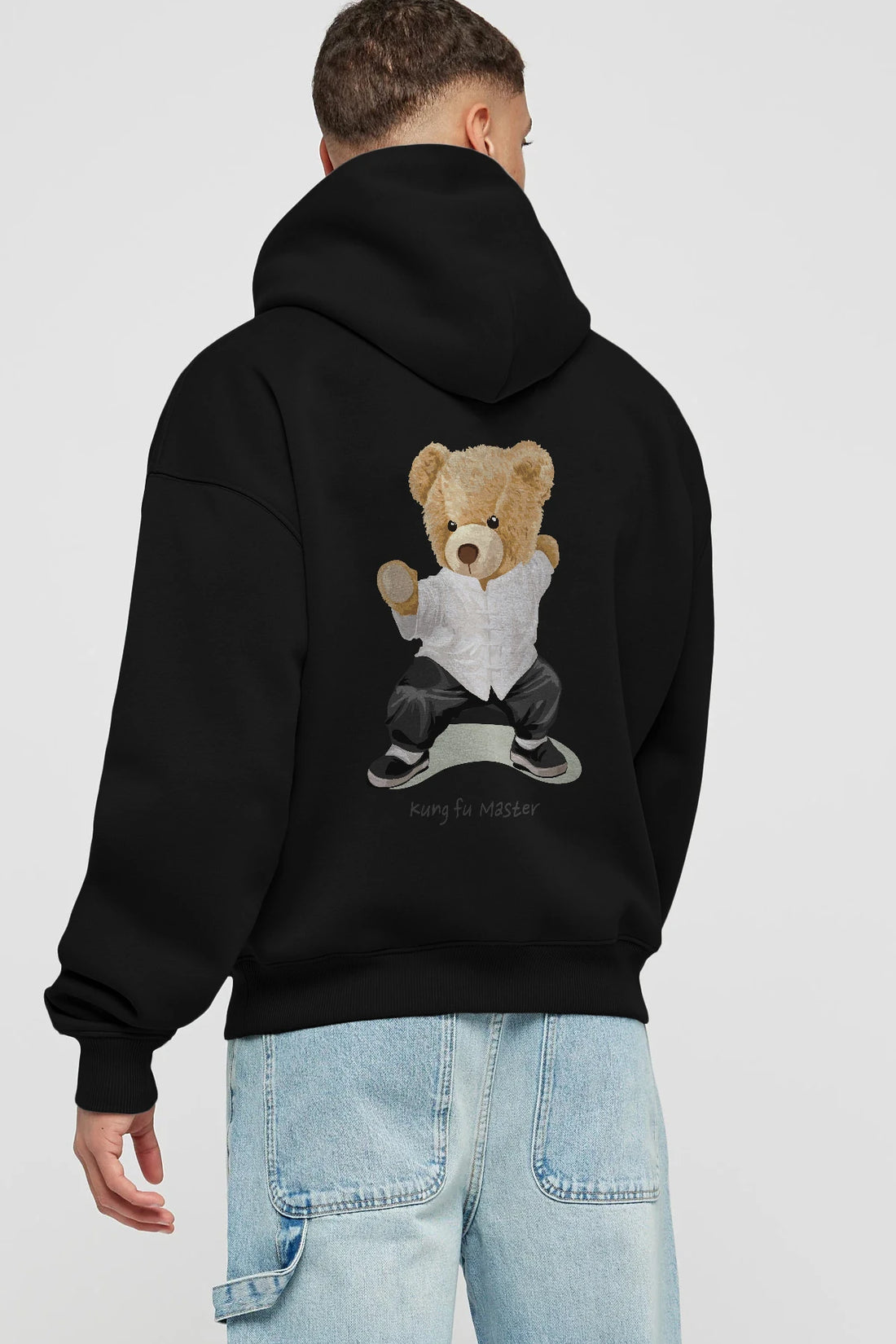 Teddy Bear Kung Fu Master Arka Baskılı Hoodie Oversize Kapüşonlu Sweatshirt Erkek Kadın Unisex