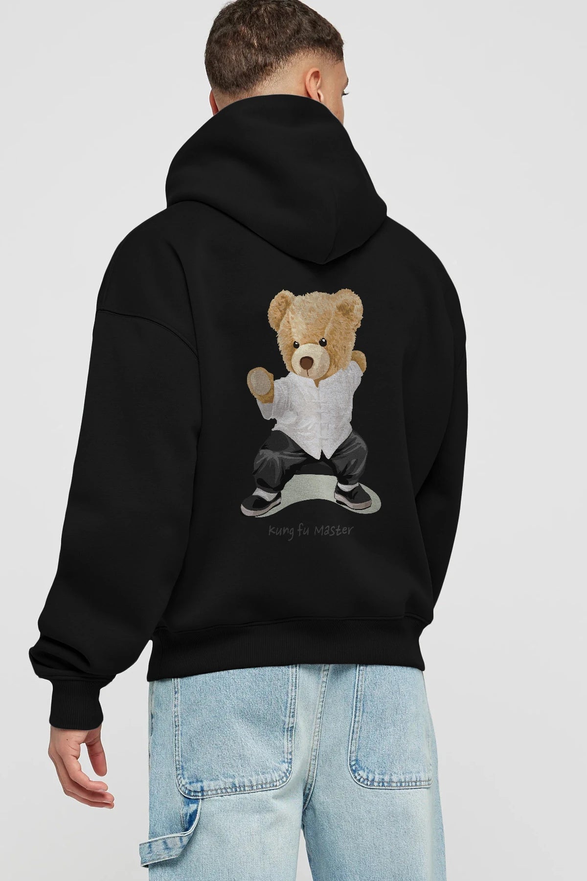 Teddy Bear Kung Fu Master Arka Baskılı Hoodie Oversize Kapüşonlu Sweatshirt Erkek Kadın Unisex