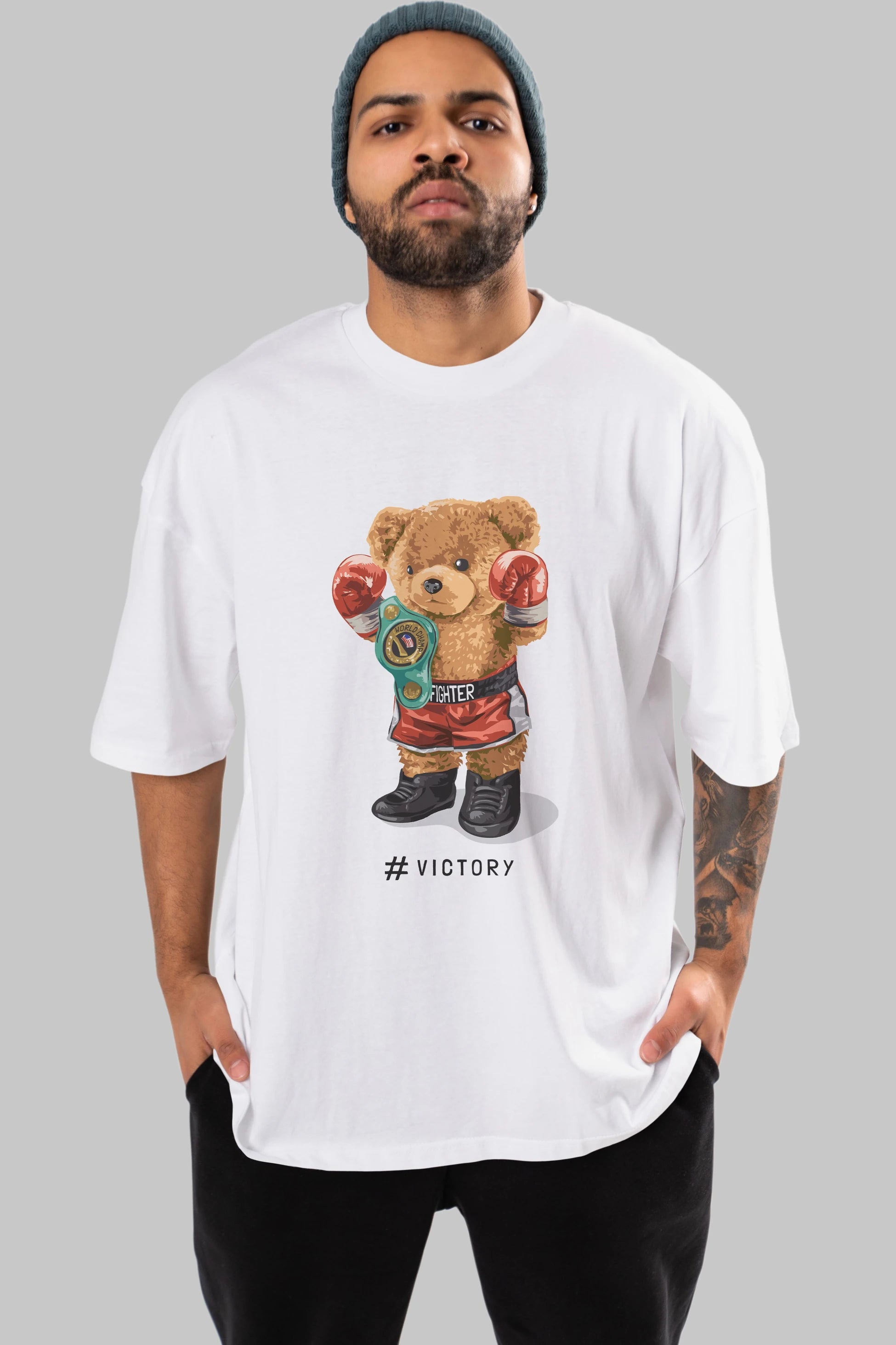 Teddy Bear Victory Ön Baskılı Oversize t-shirt Erkek Kadın Unisex %100 Pamuk