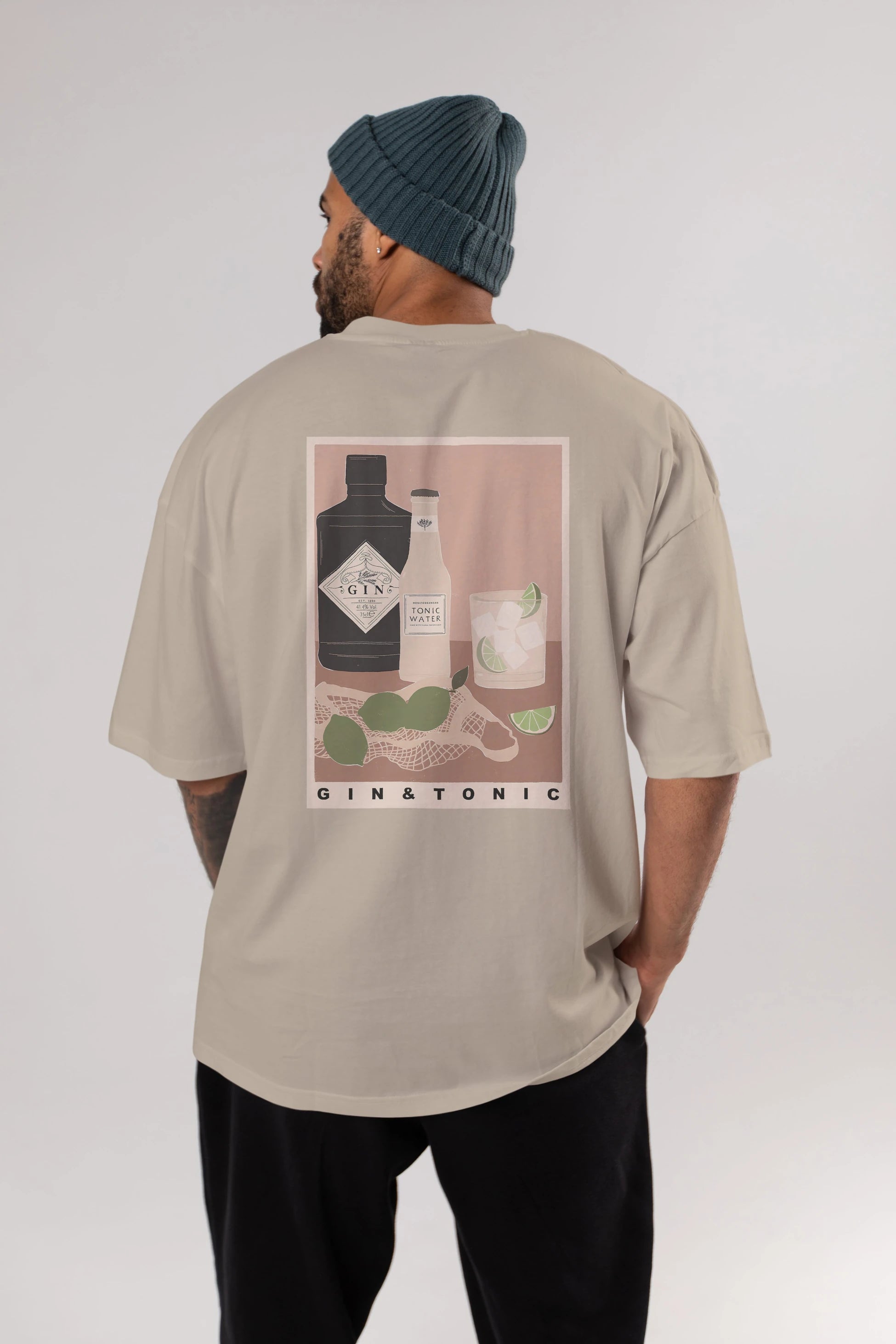 Gin Tonic Arka Baskılı Oversize t-shirt Erkek Kadın Unisex %100 Pamuk Bisiklet Yaka tişort
