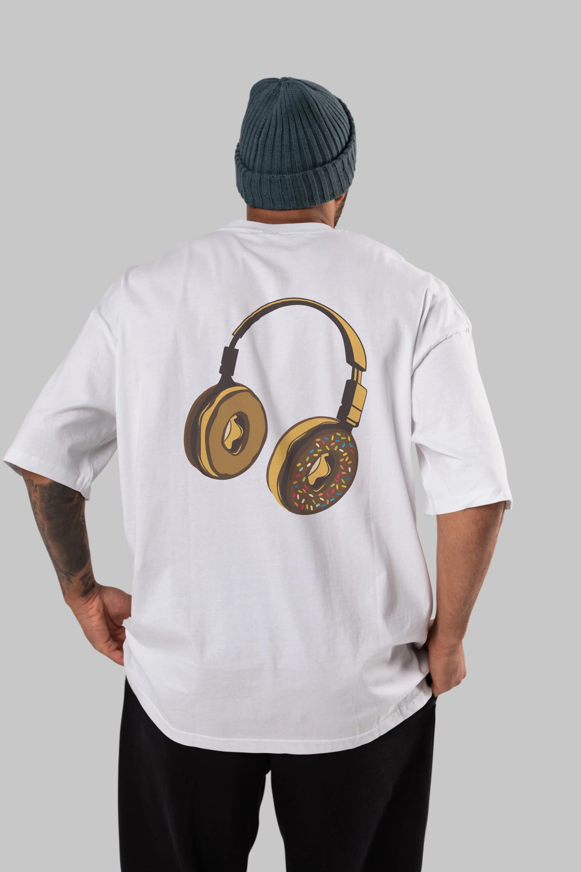 Headphone Donut Arka Baskılı Oversize t-shirt %100 pamuk Erkek Kadın Unisex