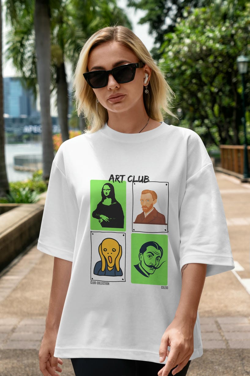 Art Club ön Baskılı Oversize t-shirt Erkek Kadın %100 Pamuk Bisiklet Yaka tişort
