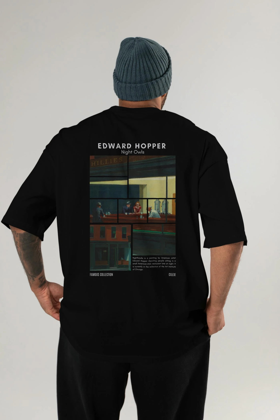 Edward Hopper Night Owls Arka Baskılı Oversize t-shirt Erkek Kadın Bisiklet Yaka Pamuk tişort