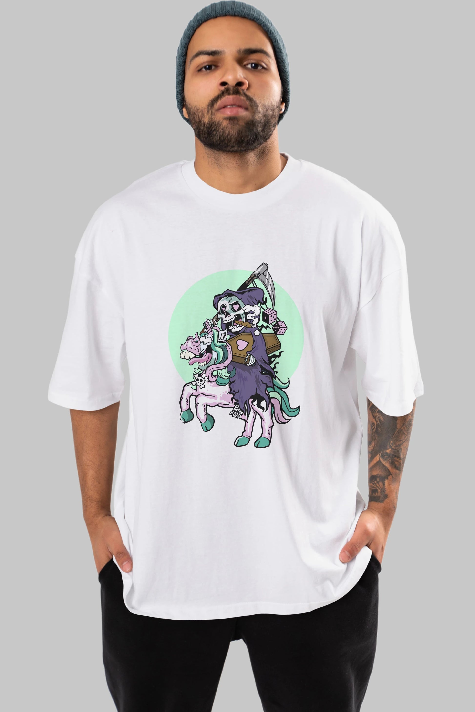 Grim Reaper Riding Unicorn Ön Baskılı Oversize t-shirt Erkek Kadın Unisex %100 Pamuk tişort